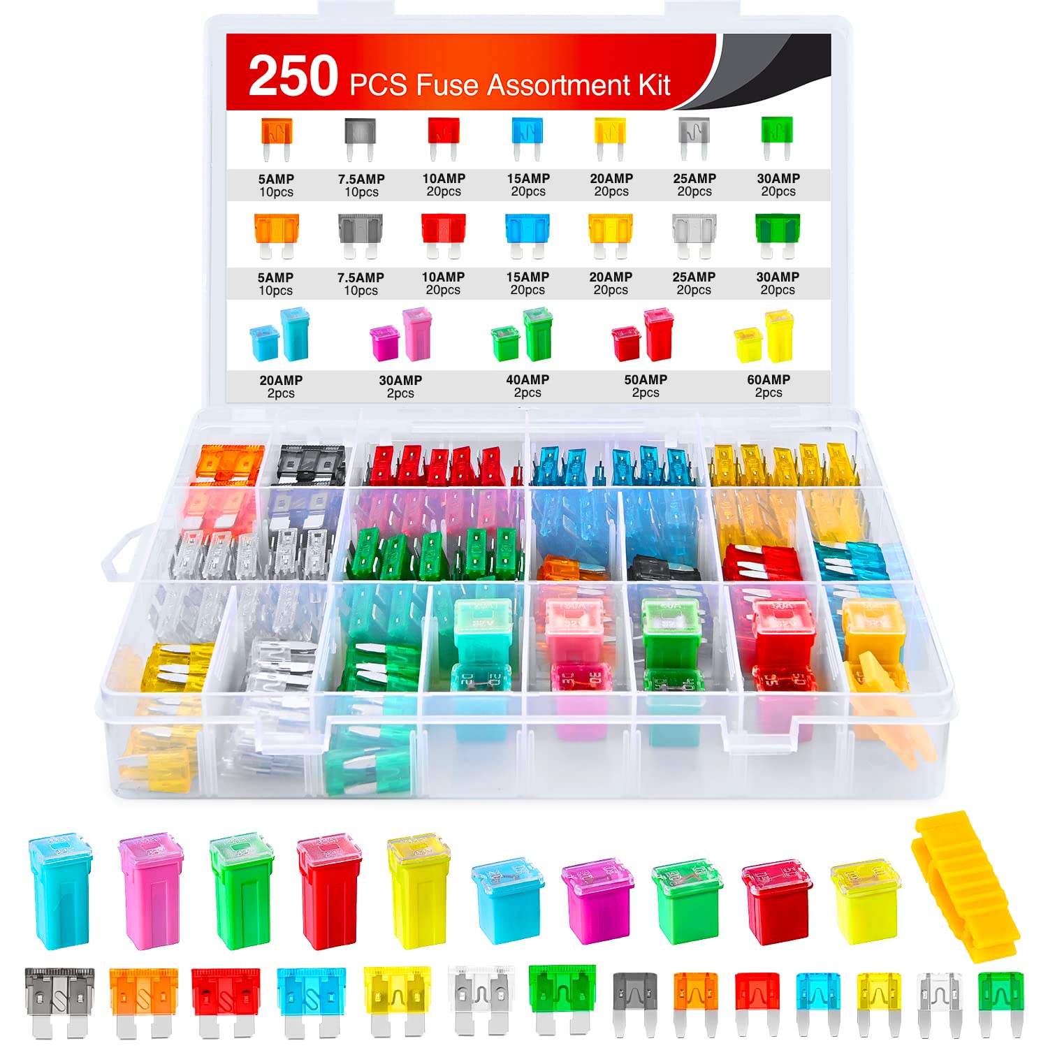 Nilight 250PCS Regular Mini Blade and Jcase STD Profile Fuse Assortment Kit | 5A 7.5A 10A 15A 20A 25A 30A Standard Fuses 30Amp 40Amp 50Amp 60Amp Low Tall Box Fuse Replacement for Cars Trucks