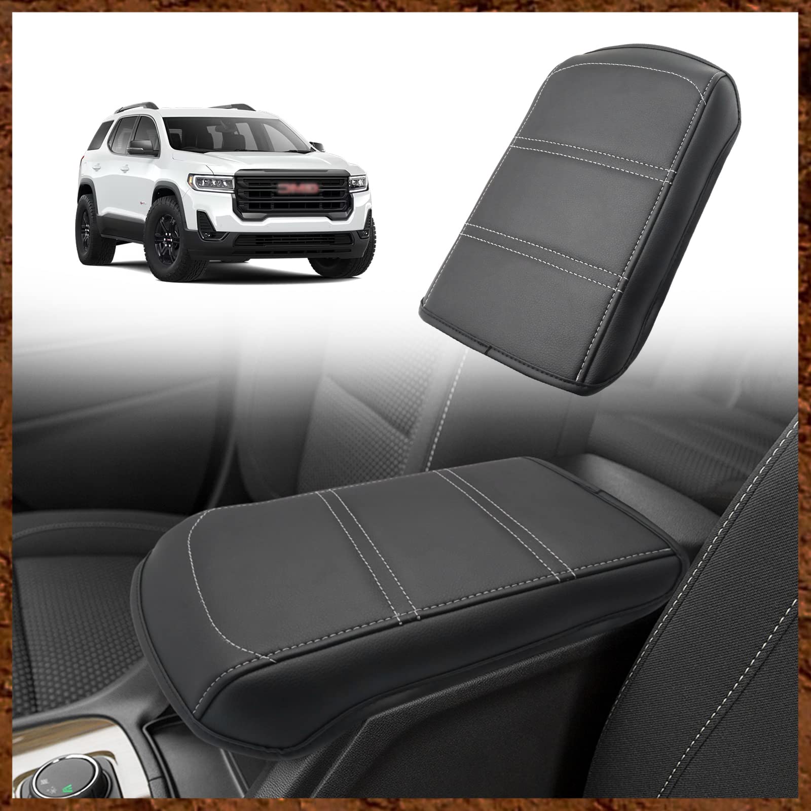 Muslogy Center Console Armrest Cover Fit for Acadia 2017-2023 Accessories, Comfort Armrest Pad Console Lid Cushion Vegan Leather Regular Thick (Black/White Trim)