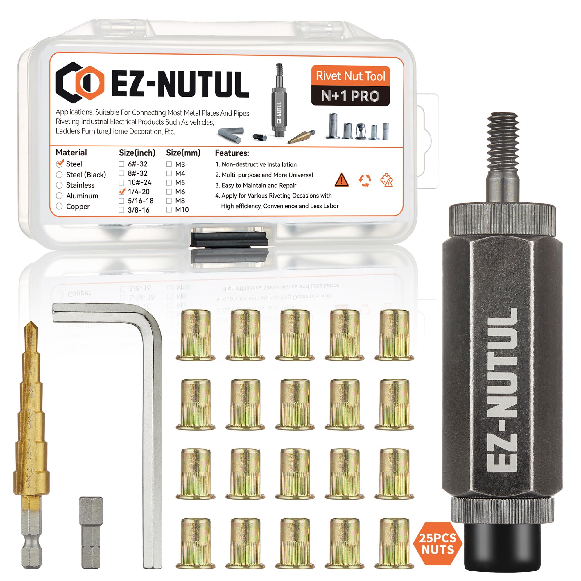 Rivet Nut Installation Tool Set Flat Head Rivnut Threaded Insert Nut Kit SAE & Metric for Metal Heavy Duty Zinc Plated Nutsert (1/4-20(Rivet Nut Tool-25pcs))