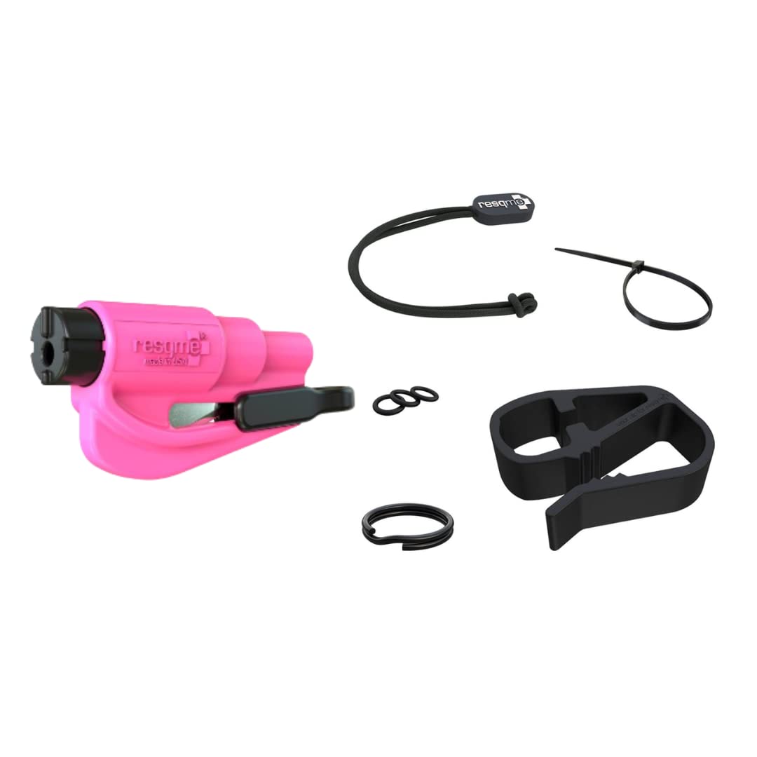 Resqme Accessory Pack The Original Emergency Keychain Car Escape Tool, 2-in-1 Seatbelt Cutter and Window Breaker, Made in USA With Visor Clip, Lanyard, Keyring and Cable Tie - Pink
