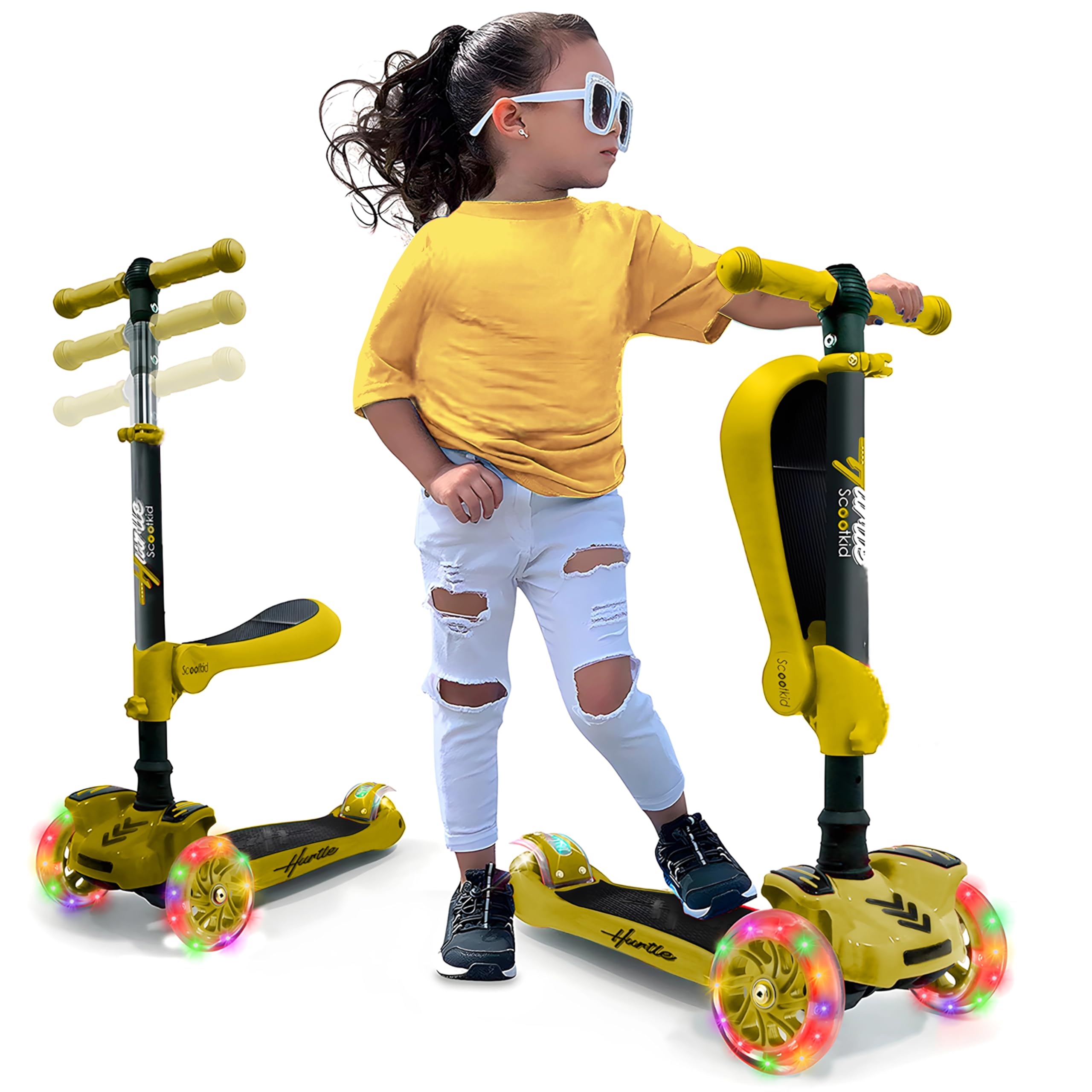 Hurtle 3 Wheeled Scooter for Kids - 2-in-1 Sit/Stand Child Toddlers Toy Kick Scooters w/ Flip-out Seat, Adjustable Height, Flashing Wheel Lights, Great for Indoor/Outdoor Fun, Yellow