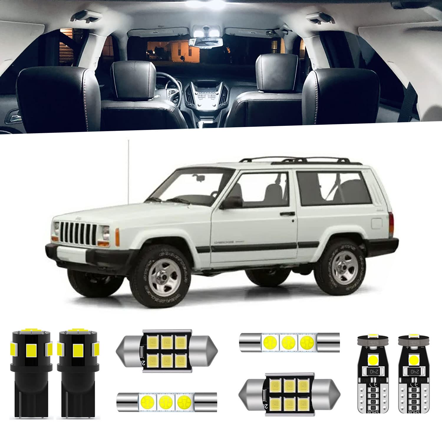 ENDPAGE 14-Pieces Cherokee LED Interior Light Kit for Jeep Cherokee XJ 1997 1998 1999 2000 2001 White 6000K Super Bright Interior Map Dome LED Lighting Package + License Plate Lights, Install Tool