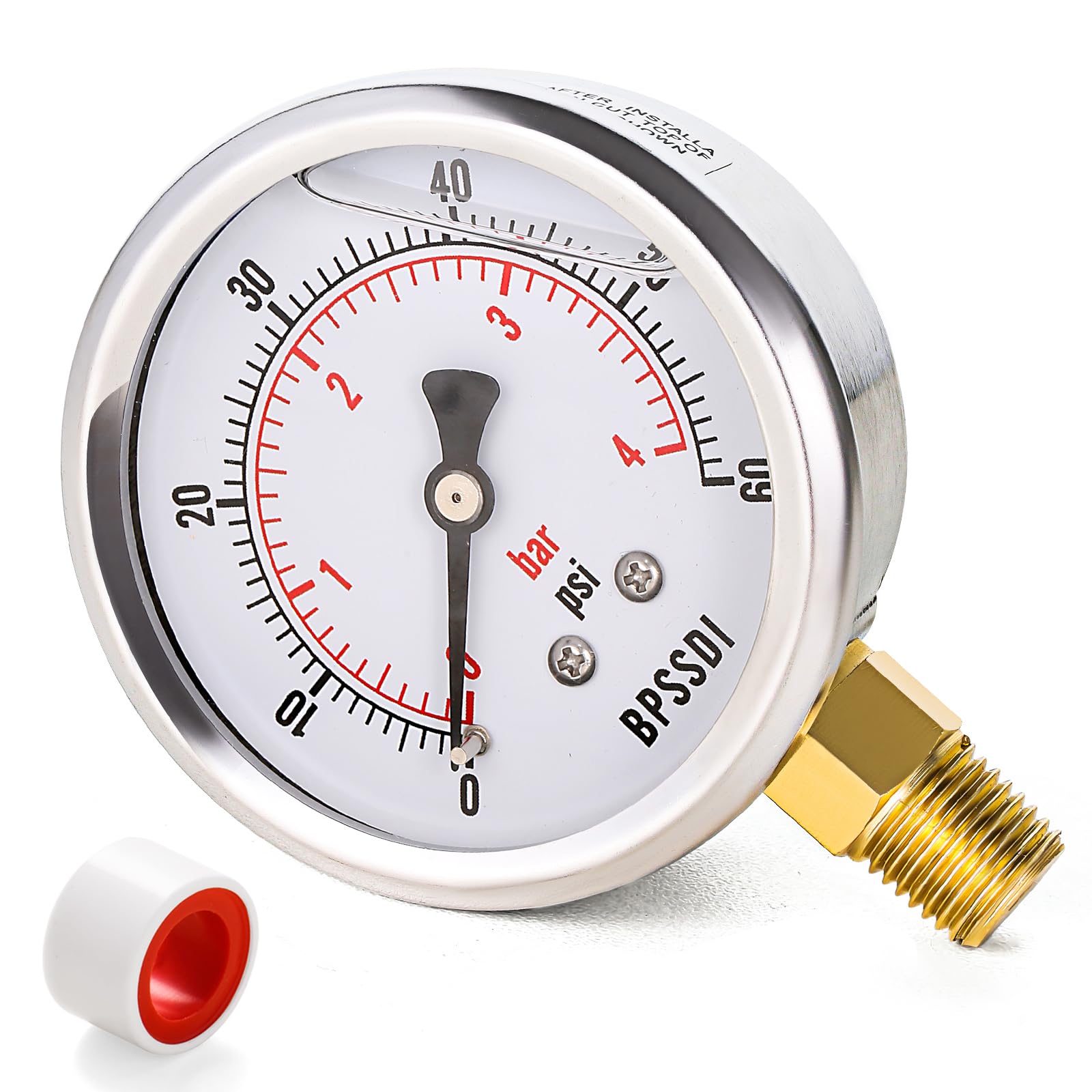 BPSSDI 0-60 Psi Glycerin Liquid Filled Low Pressure Gauge, 2.5" Dial Size, 1/4" NPT Lower Mount, 304 Stainless Steel Case, for Water Oil Air Pressure Test, Refrigeration Systems(Such as Evaporators)