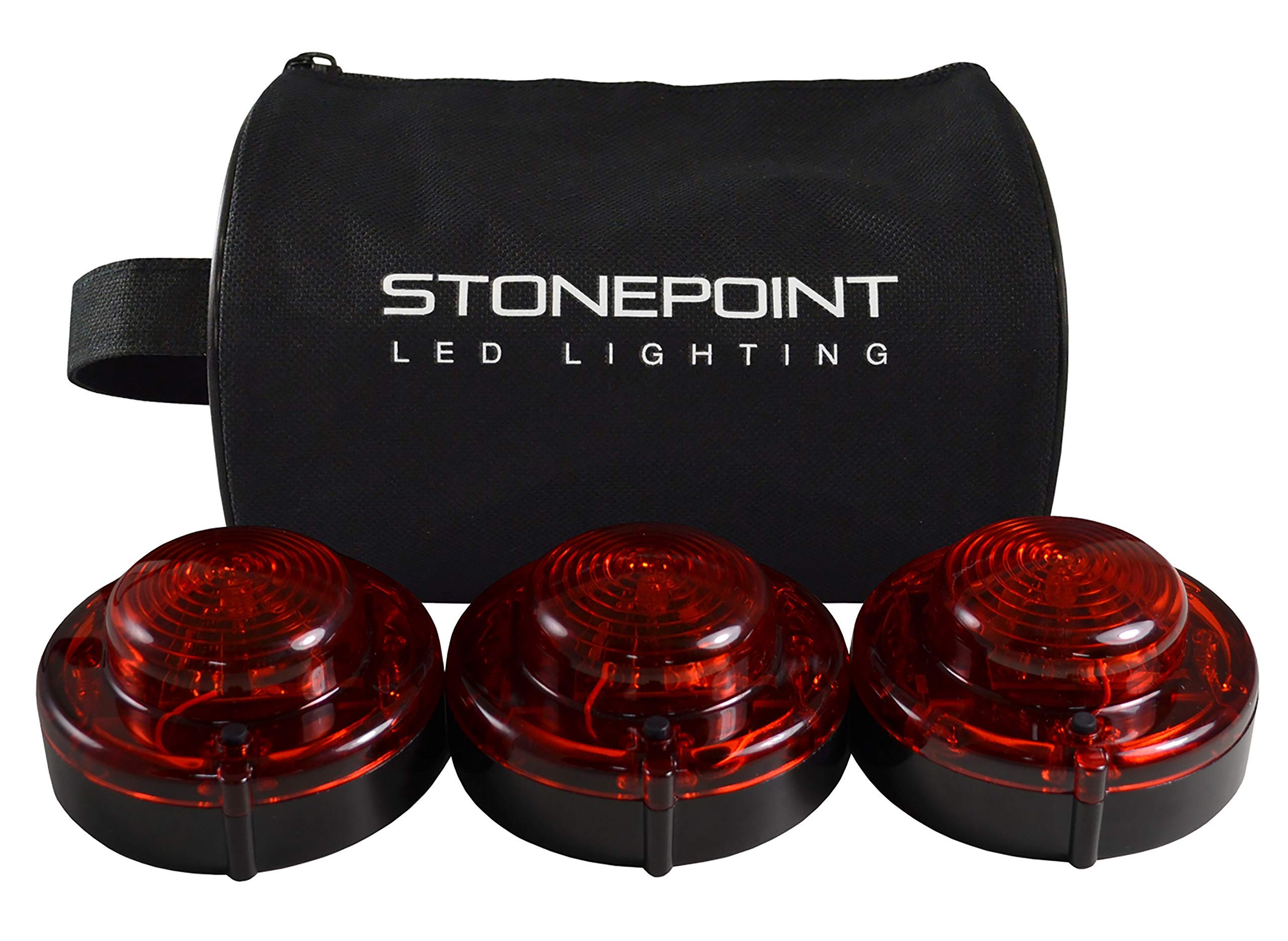 StonePoint LED Lighting Emergency LED Road Flare Kit Set of 3 LED Bright Roadside Beacons with Magnetic Base Flashing or Steady Red Lights Includes Storage Bag