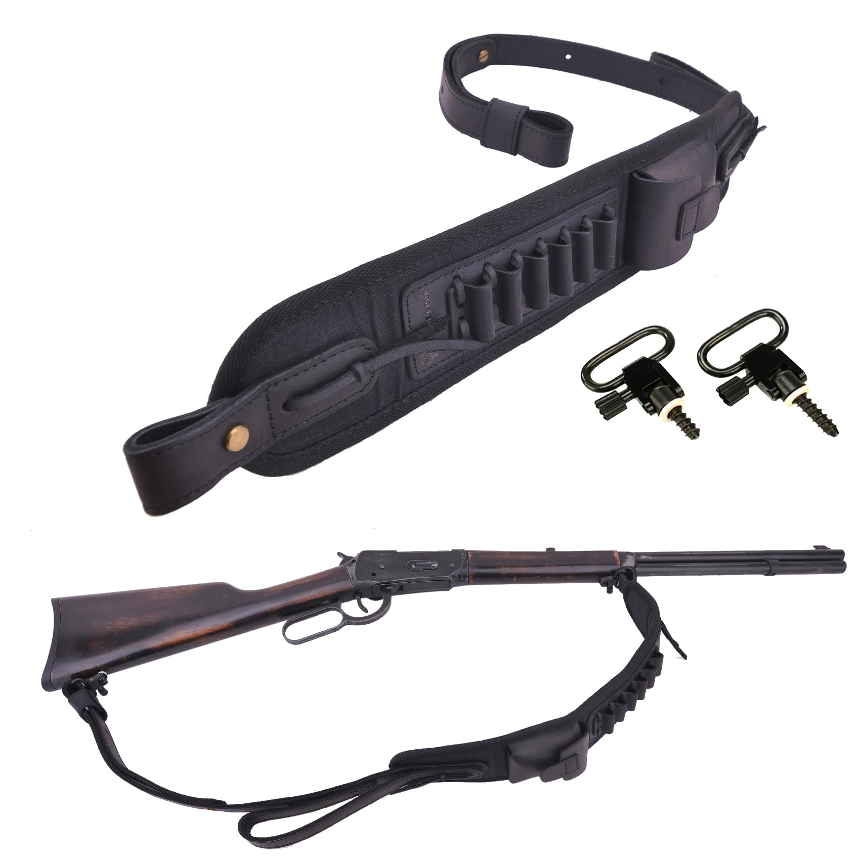 Leather Ammo Holder Rifle Sling Hunting Gun Strap for 30/30 .357 .45 .45-70 .22 12GA 20GA (Black with Swivels, .357 .30-30 .35 .38)