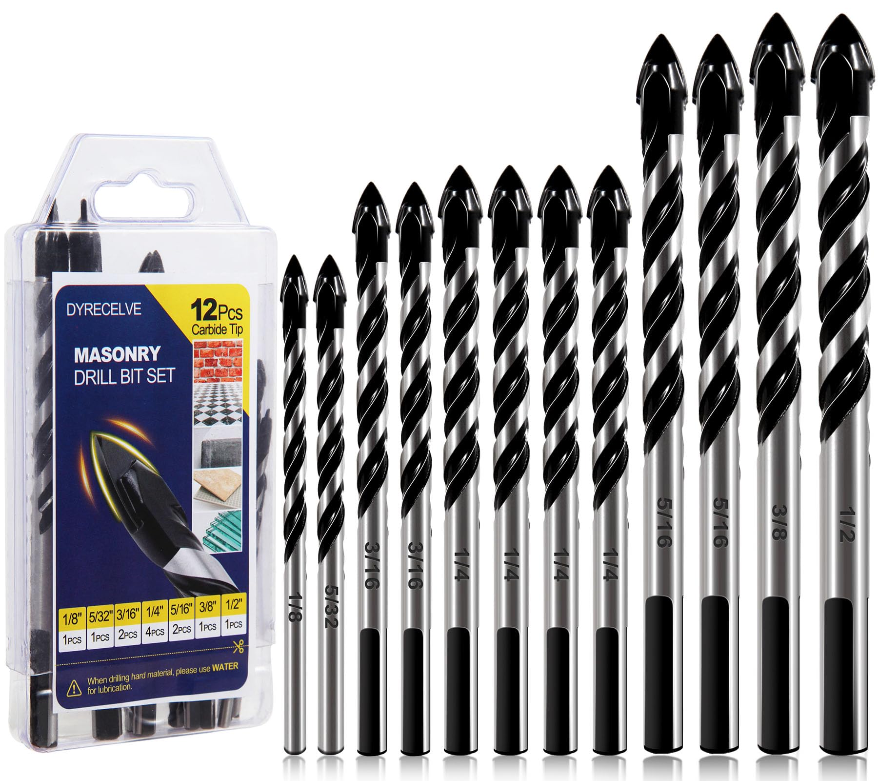 DYRECELVE 12-Piece Masonry Drill Bit Set and Concrete Drill Bit Set
