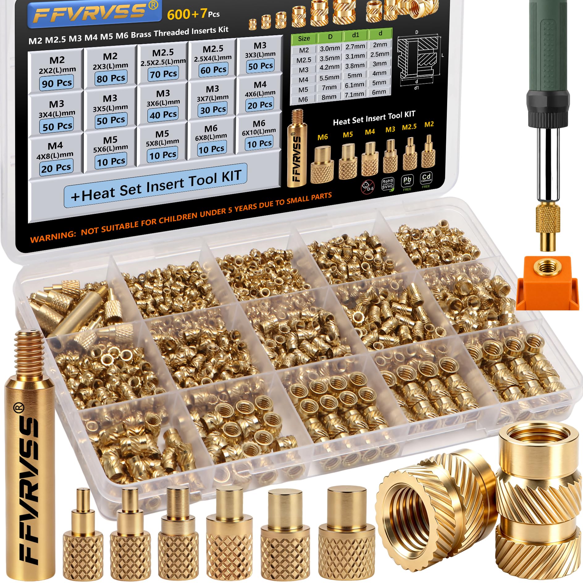 FFVRVSS 600+7Pcs Brass Threaded Inserts M2 M2.5 M3 M4 M5 M6 for 3D Printing