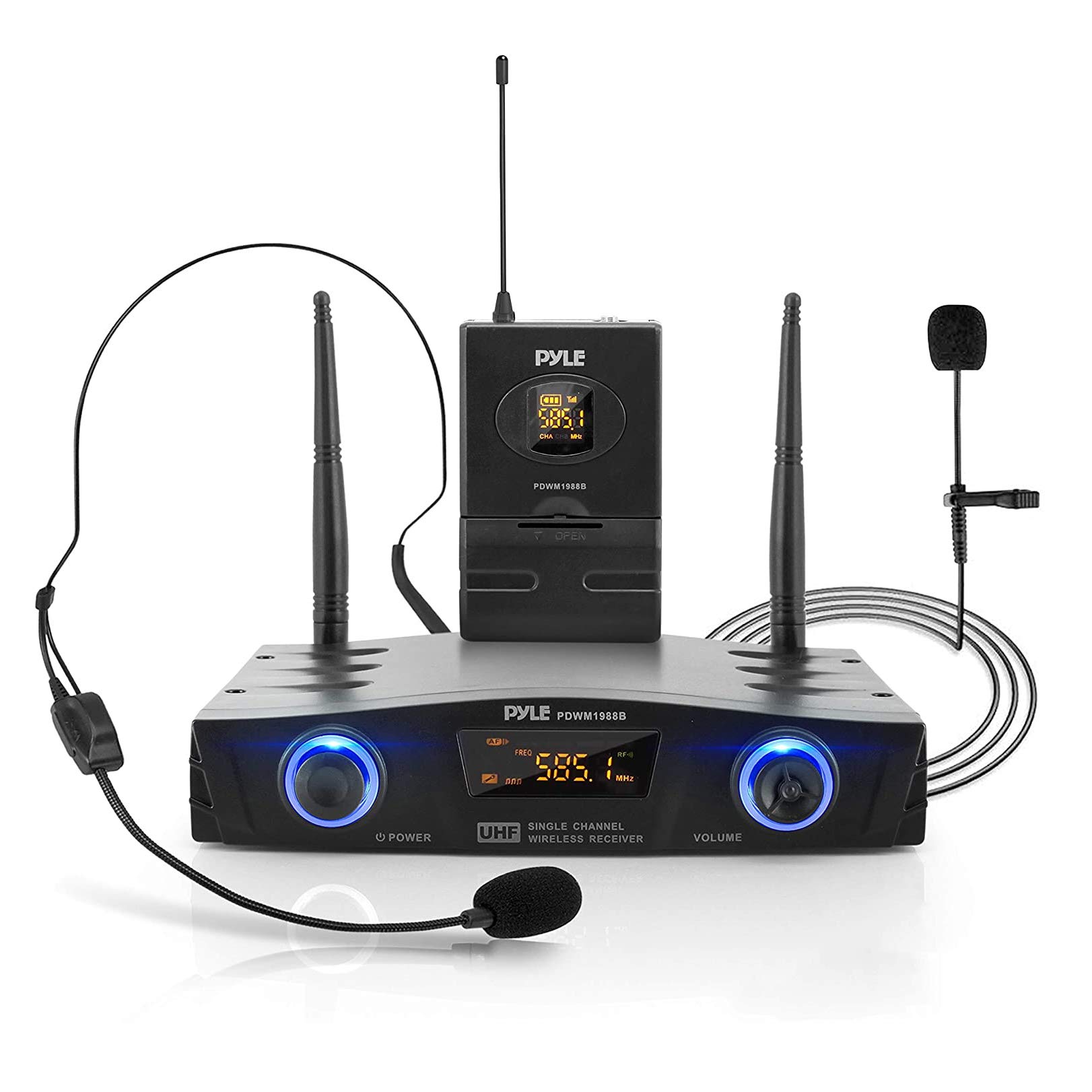 Pyle PDWM1988B Compact UHF Pro Wireless Mic Sys w/Headset and Lavalier Mics