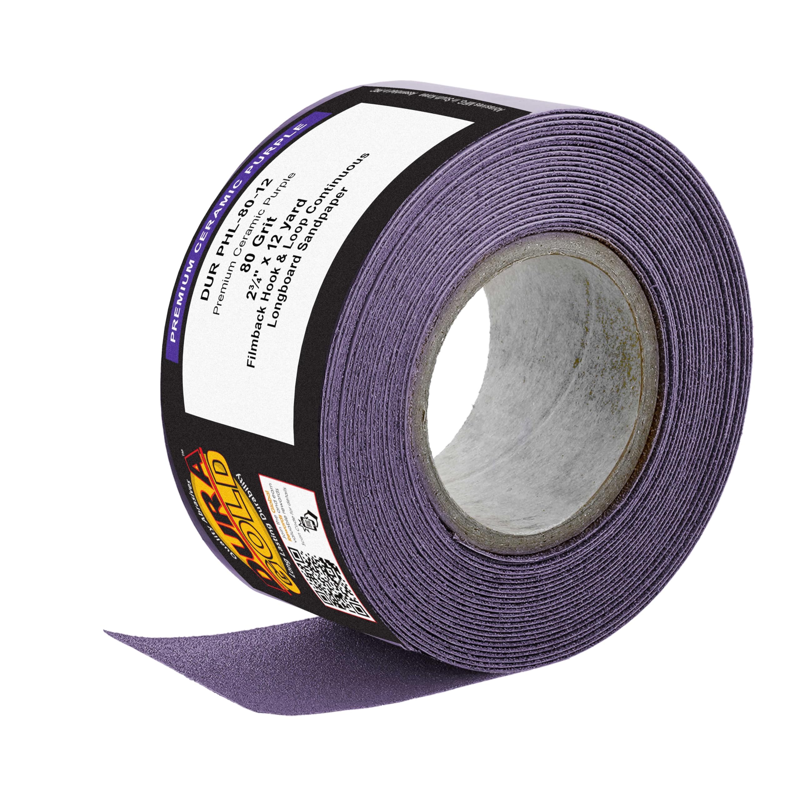 Dura-Gold Premium 80 Grit Purple Film Ceramic Longboard Sandpaper, 2-3/4" Wide Continuous 12 Yard Roll - Hook & Loop Backing for Auto & Woodworking Air File Long Board Sanders, Hand Sanding Blocks