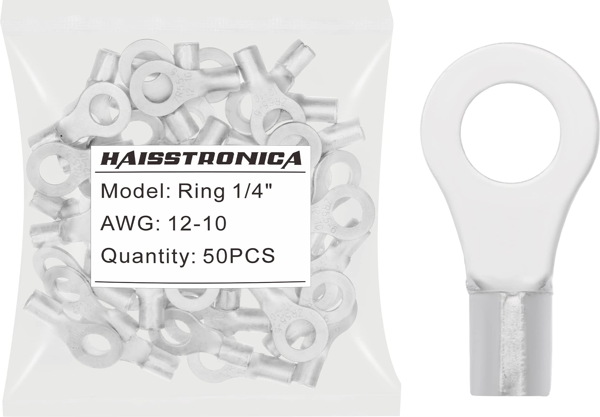 haisstronica 50PCS Ring Terminals 1/4" AWG 12-10 Non-Insulated Bare Copper