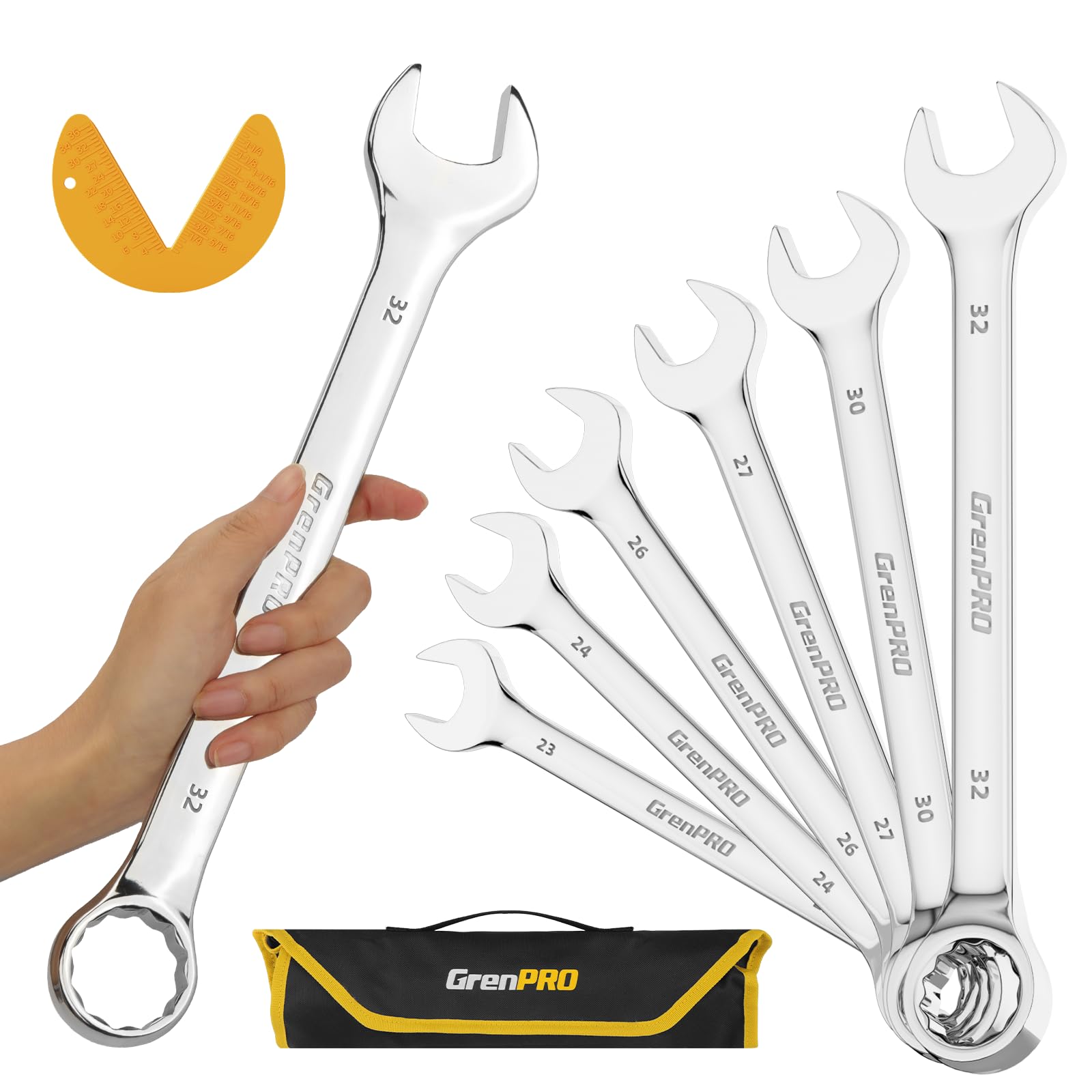 GRENPRO Metric Wrench Set, Large Wrench Set Metric and Standard, 7PC 23mm, 24mm, 26mm, 27mm, 30mm, 32mm Long Big Open End Wrench Tool Set Roll Up Pouch Organizer with Gauge, Combination Wrenches Sets