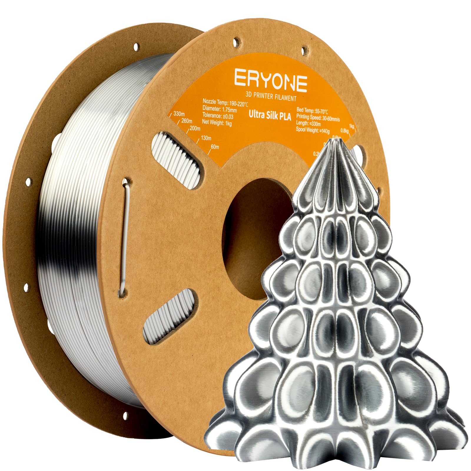 ERYONE Silk Filament PLA+ 1.75mm Upgraded Shiny 3D Printer Filament, Gloss Finish, Fit Most FDM Printer Stable Printing,1kg (2.2LBS)/Spool, Silver
