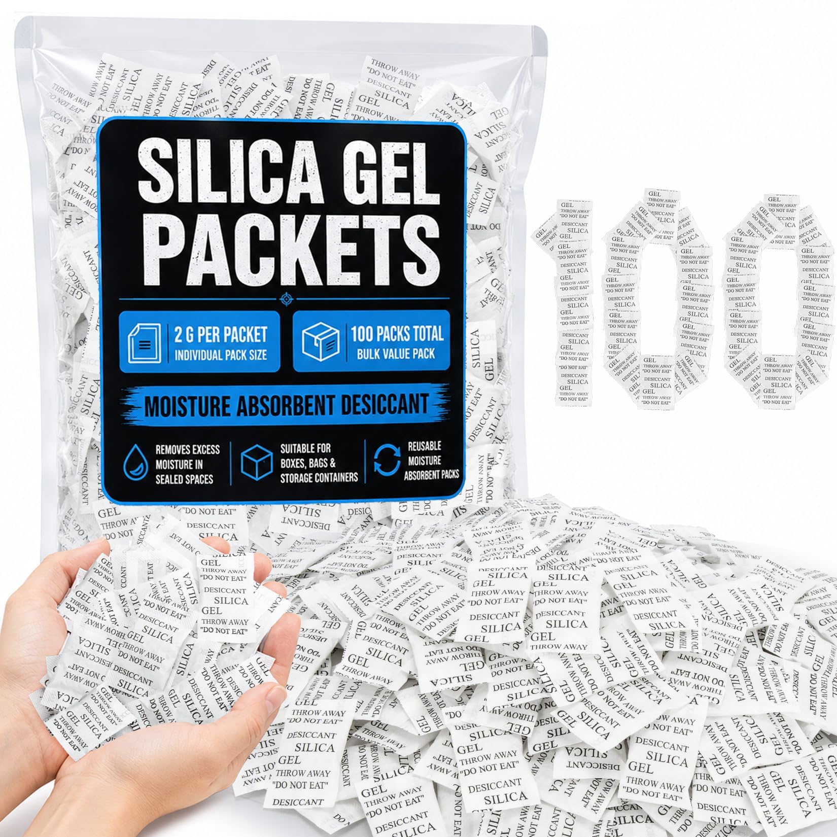 Sukh 100PCS Silica Gel Packets - 2g per Bag Desiccant Beads Packs for Storage, Moisture Absorbers, Anti Humidity, Reusable, for Jewelry, Cameras, Clothes, Books, Iron Tools, Precision Instruments