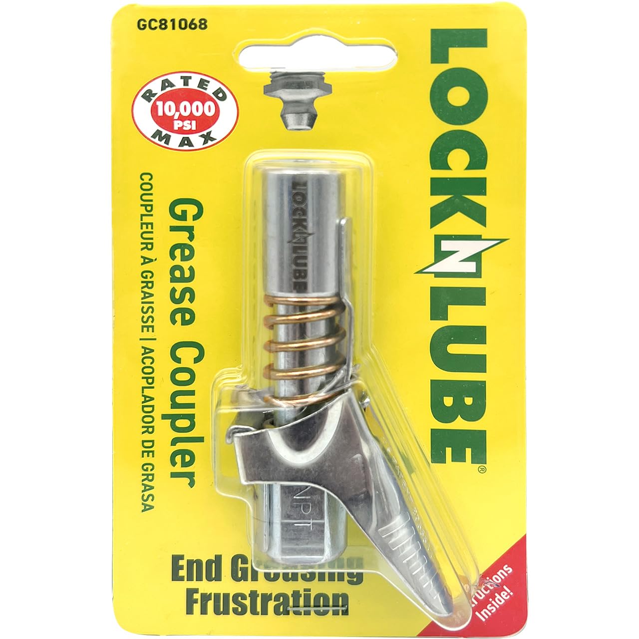 LockNLube Grease Coupler 1/8" NPT - Universal - Locking Grease Gun Coupler, 10,000 PSI