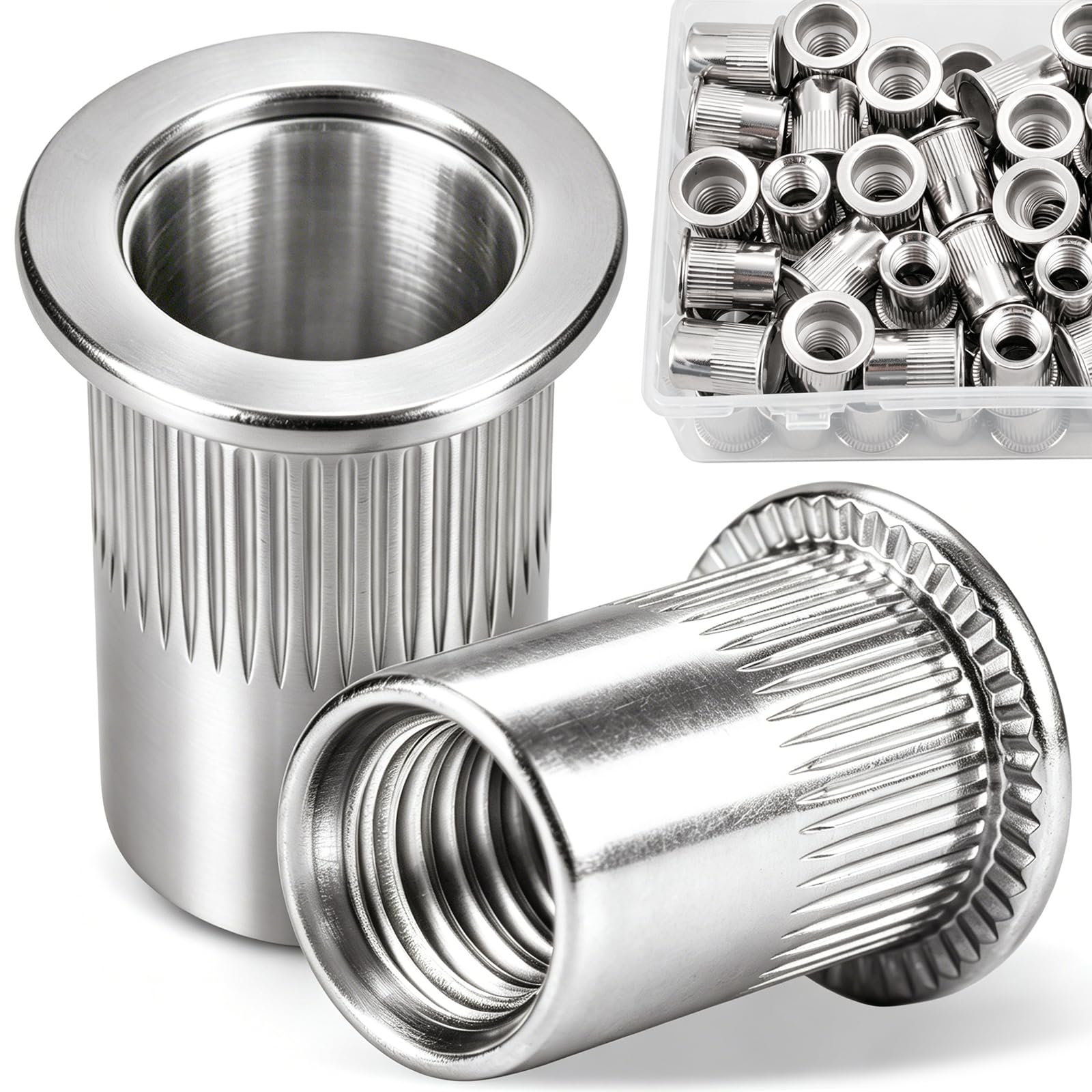 DFDU 46Pcs 3/8 Rivet Nut, 304 Stainless Steel Rivet Nuts Flat Head Threaded Insert Rivnuts UNC 3/8-16 for Metal, Automotive,Aviation, and Furniture