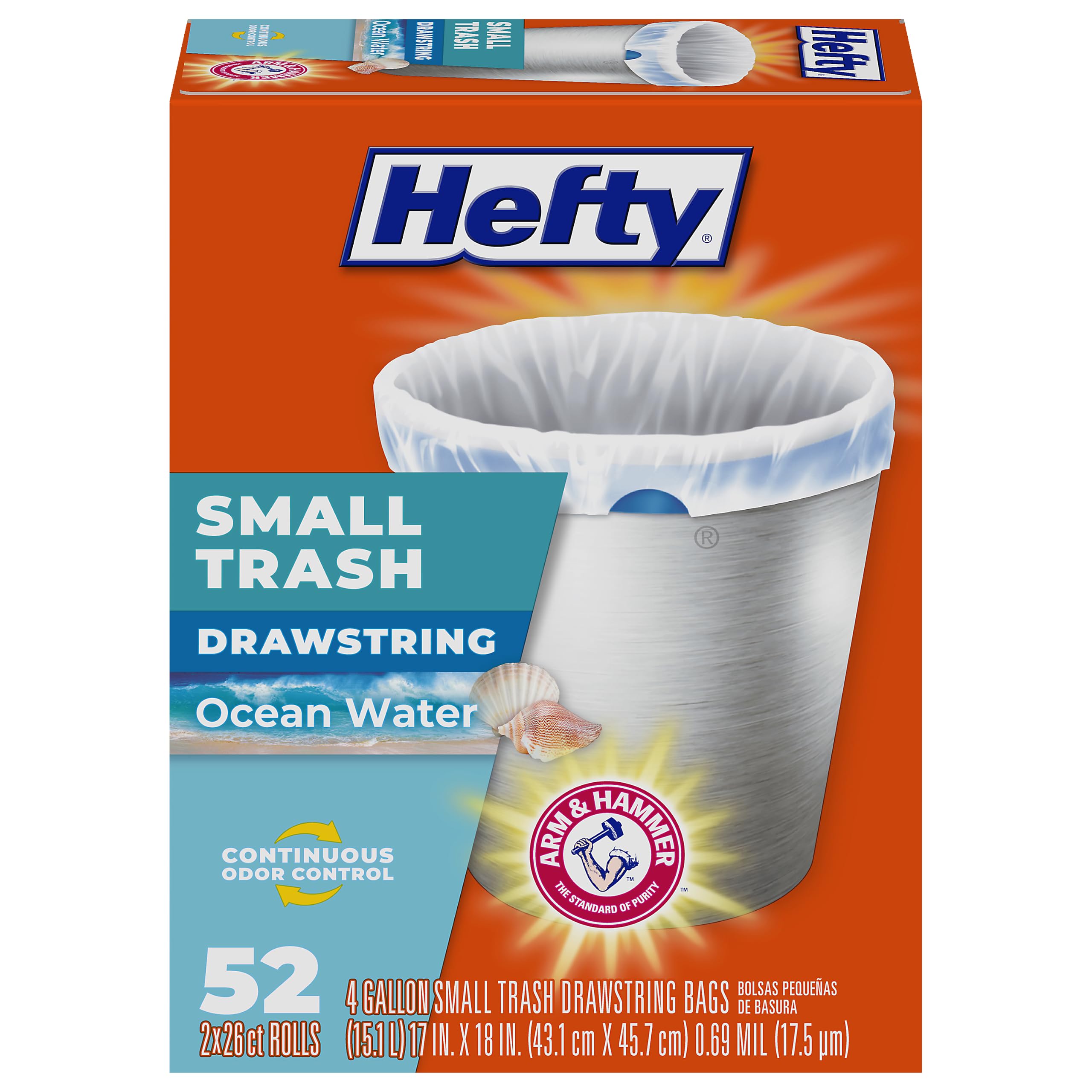 Hefty 4 Gallon Small Trash Bags, White, Ocean Water Scent, 52ct