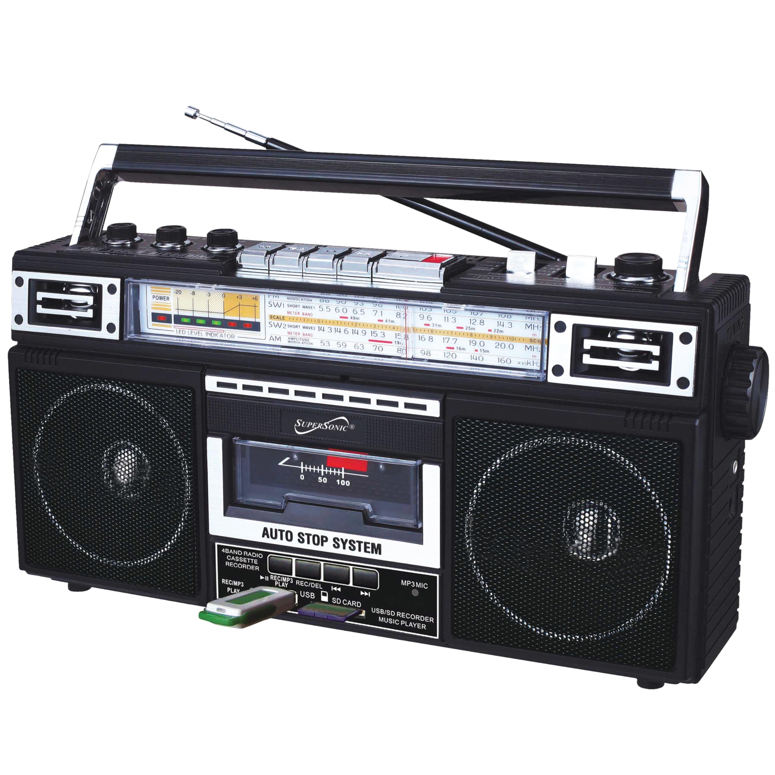SUPERSONIC SC-3201BT-BK 4 Band Cassette Radio (Black)