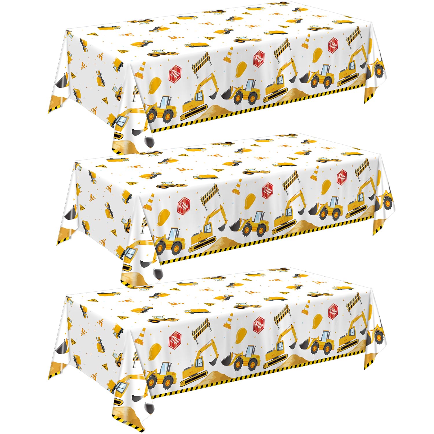 QIYANPAX 3 Pack Construction Plastic Birthday Party Tablecloths, 54 x 108 Inches - Truck Excavator Table Covers for Construction Birthday Decorations