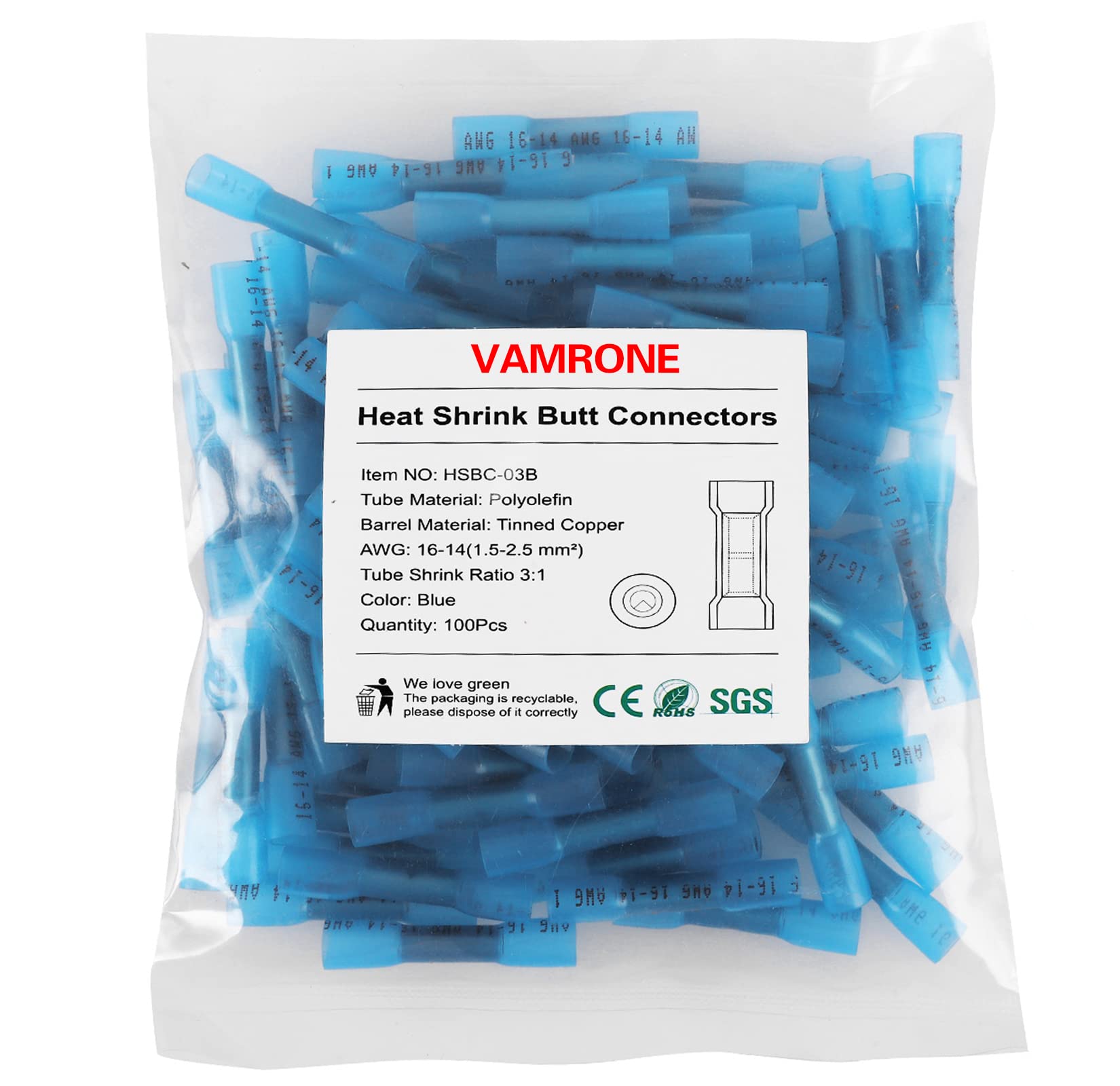VAMRONE 100PCS Heat Shrink Butt Wire Connectors 16-14 AWG, Insulated Waterproof Electrical Wire Connectors Automotive Marine Grade Wire Crimp Terminals Butt Splices, Ideal for Boat, Truck, Blue