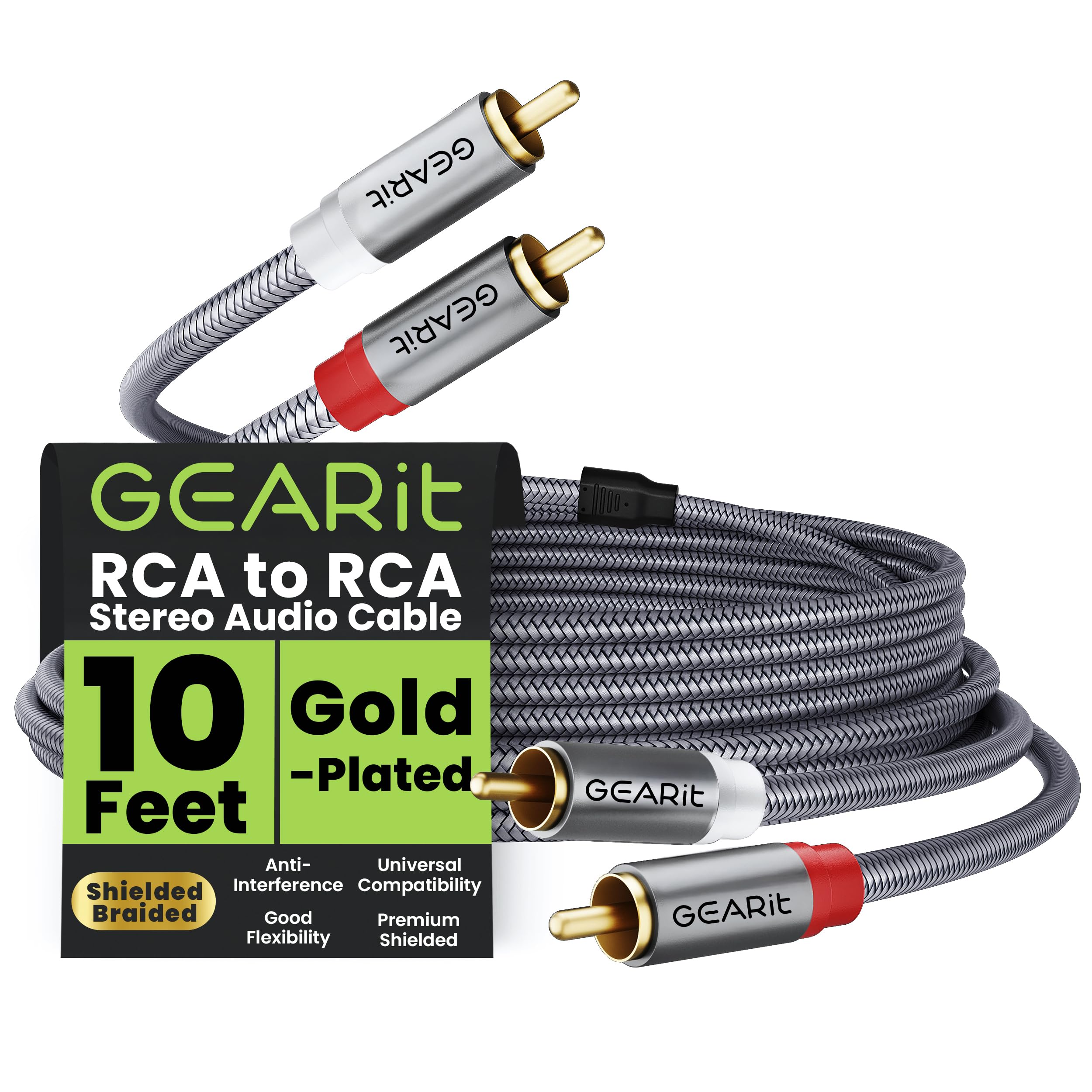 GEARit RCA Cables Car Audio 10ft Copper, RCA Cables Car Audio with Dual Shielding & Gold-Plated Connectors, RCA Cable for Subwoofer Cable, Hi-Fi System, Amplifier, Active Speakers, Gaming Consoles