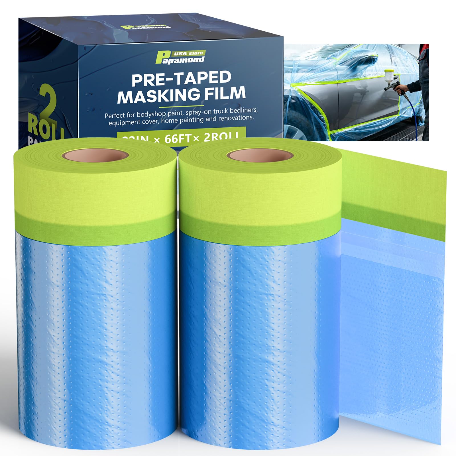 Pre-taped Automotive Masking Film for Painting - 22" x 66', 2 Rolls