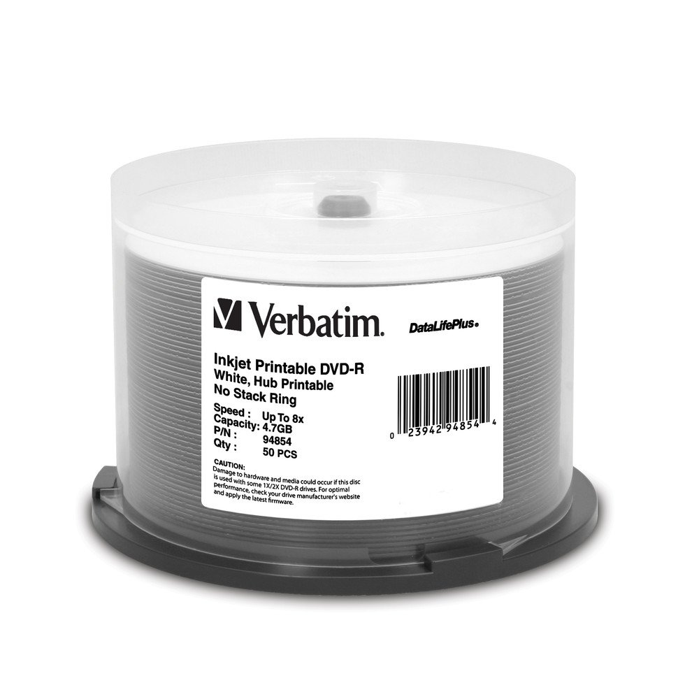 Verbatim 94854 4.7GB 8x DataLifePlus Inkjet Printable/Hub Printable DVD-Rs, 50ct