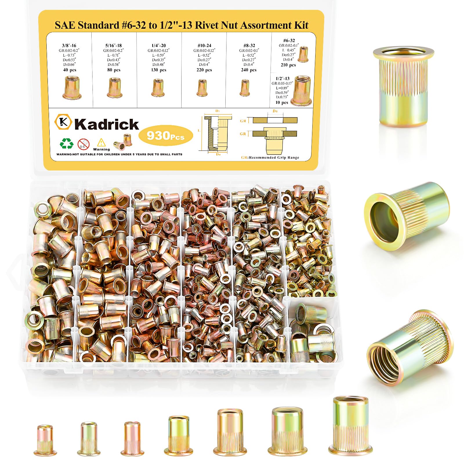 KADRICK 930PCS SAE Rivet Nut Kit,Size from #6-32 to 1/2''-13