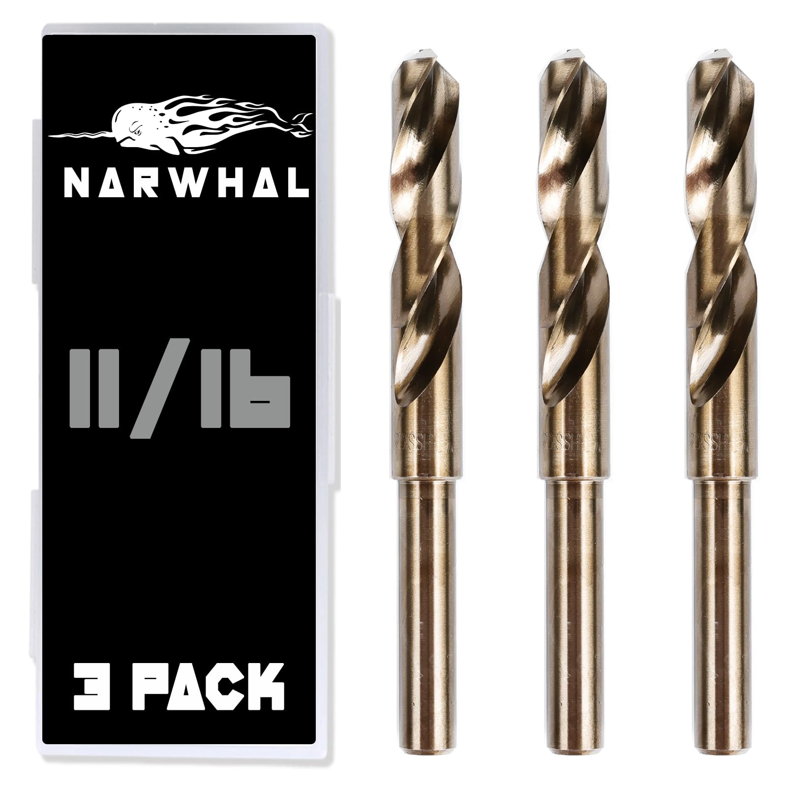 Narwhal 11/16" Drill Bits for Metal (M35 Cobalt - 3 Pack) 6" Length & 135 Degree Split Point for Drilling Into Metal, Hardened & Stainless Steel, Cast Iron, & More!