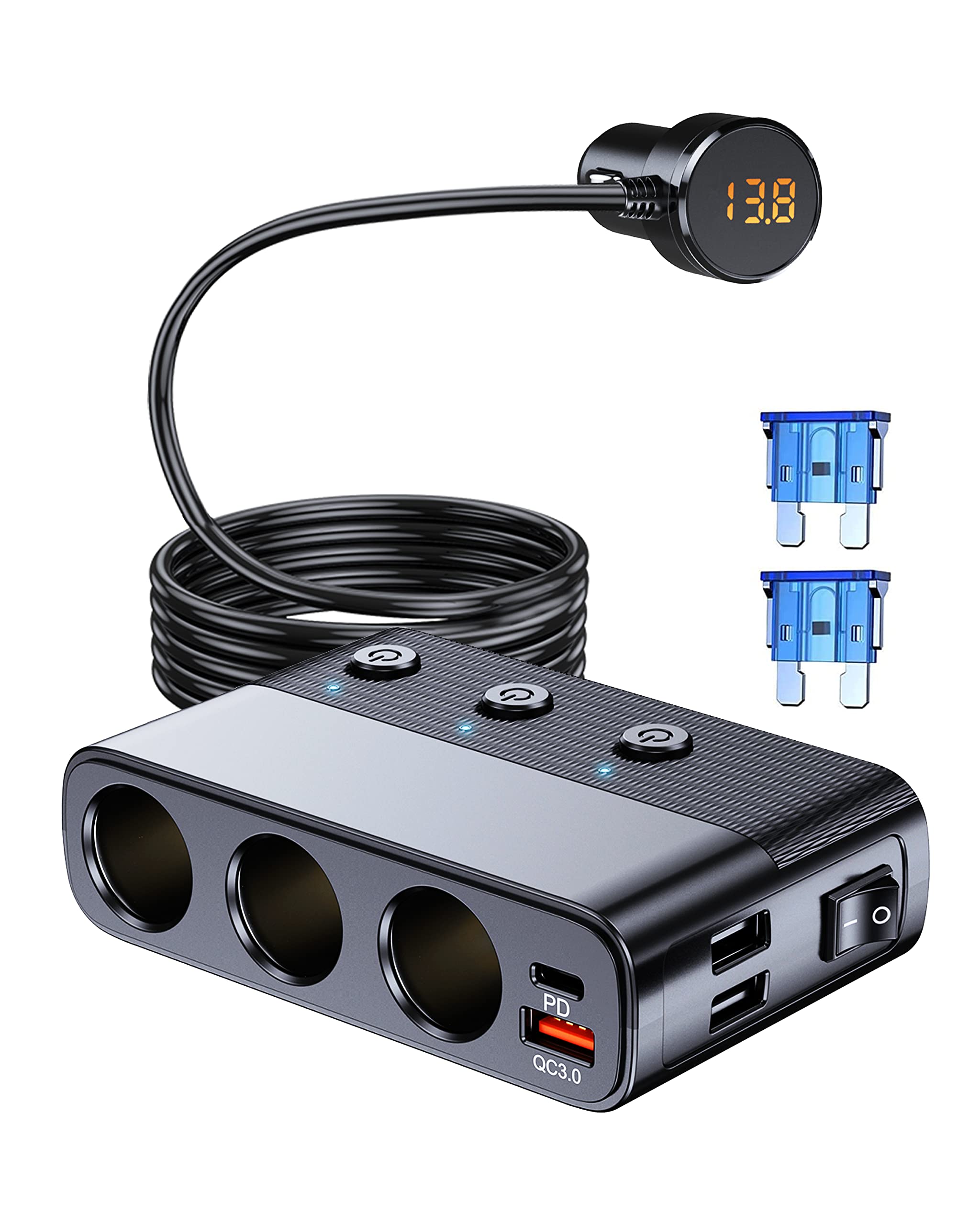 LIHAN 7-1 Cigarette Lighter Splitter, 3-Socket Adapter with PD 30W Type-C