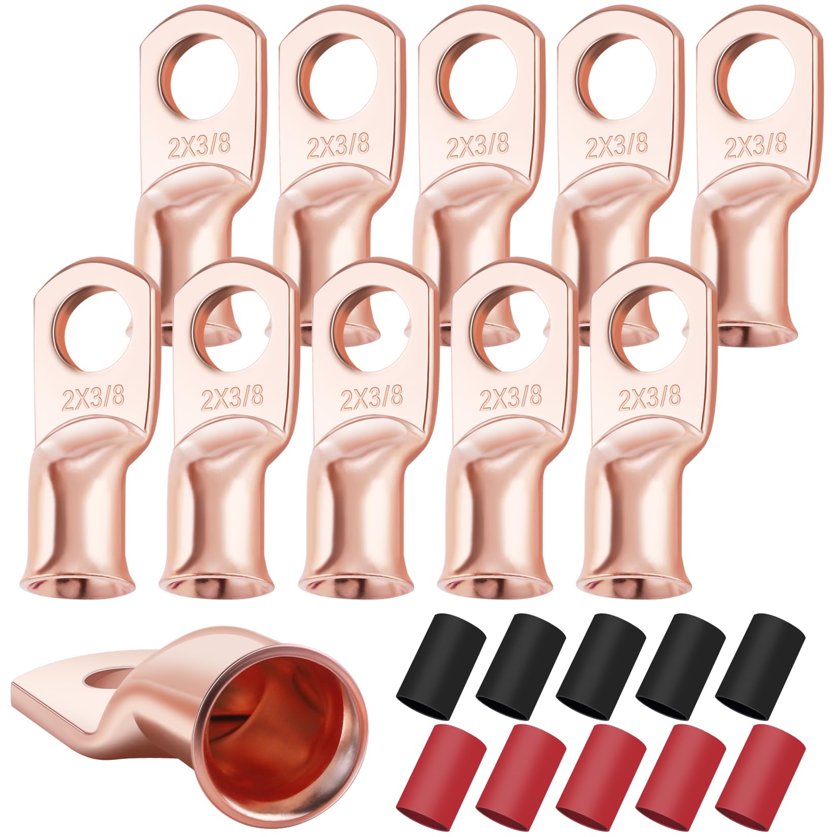 XHF 10PCS 2 AWG-3/8 Heavy Duty Battery Lugs with 3:1 Heat Shrink Tubing(UL Listed), Ring Terminals Battery Cable Ends Copper Eyelets Electrical Battery Connectors
