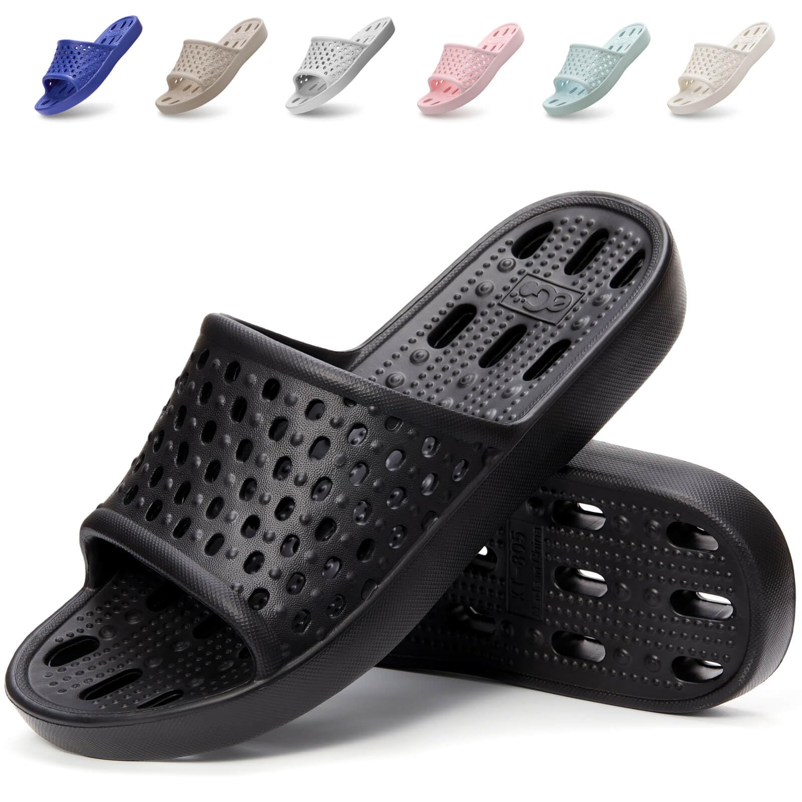 Xomiboe Shower Shoes Men Women, Quick Dry Slippers For Bathroom Black EU44