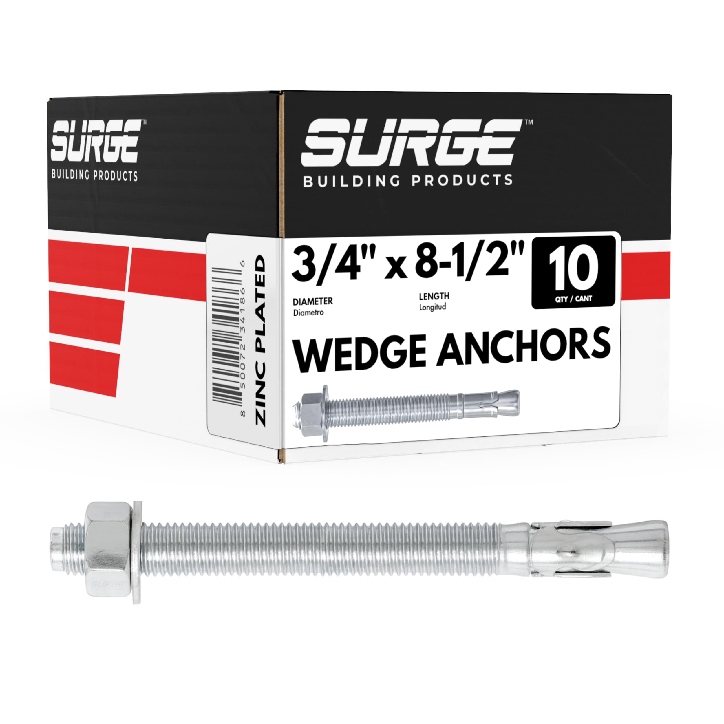 3/4" x 8-1/2" Zinc-Plated Wedge Anchors for Concrete & Cement (Box of 10)