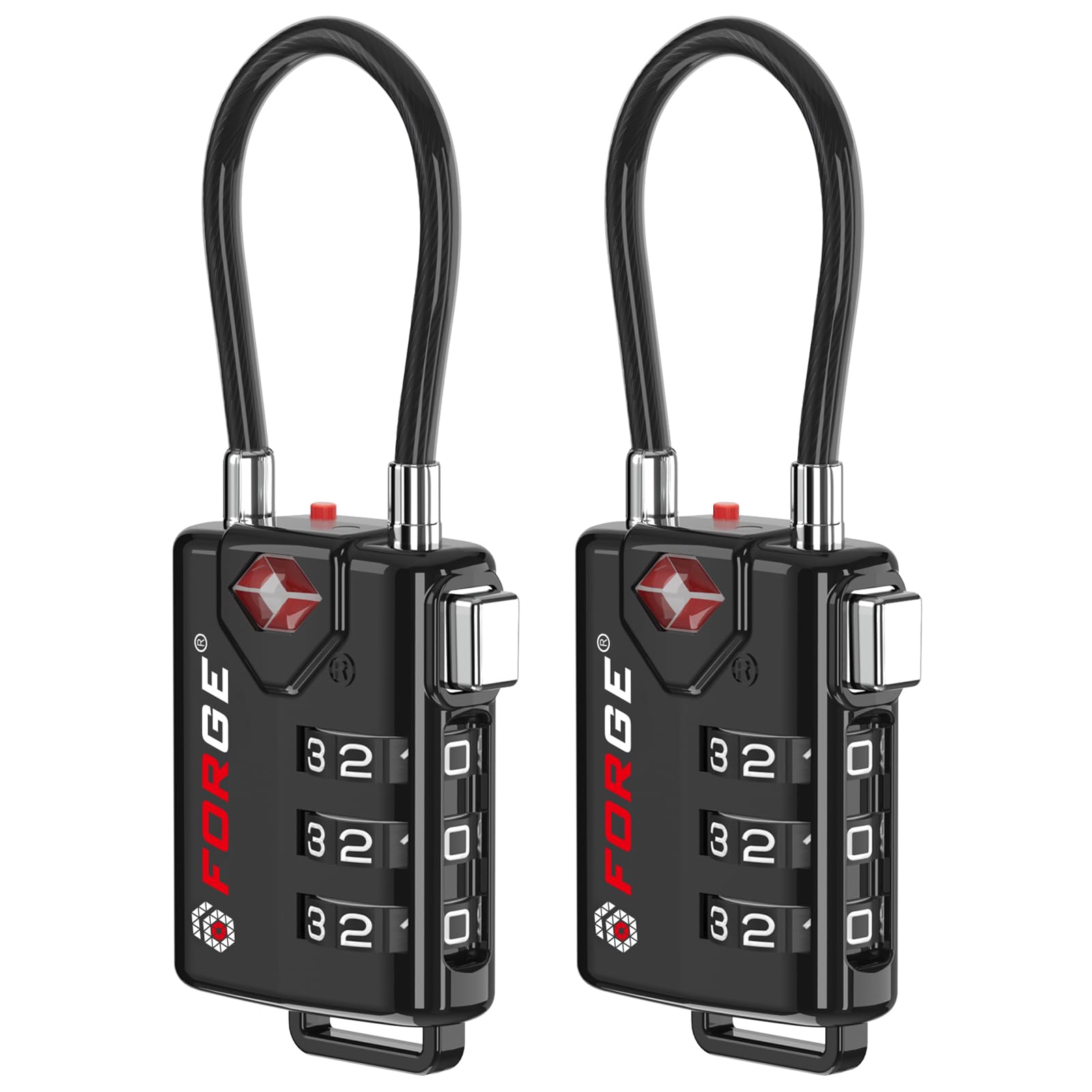 Forge TSA Approved Luggage Locks, TSA Open Alert Cable Lock, Black, 2 Pack