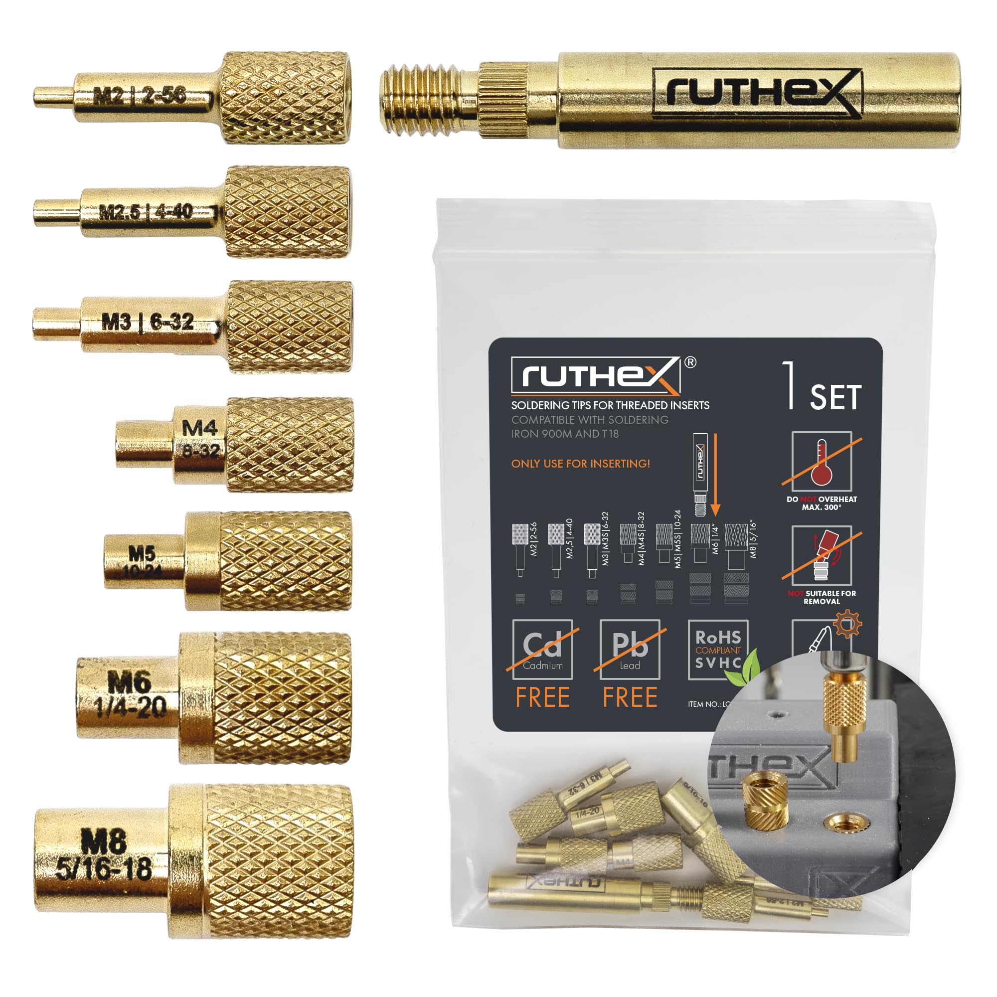 ruthex 7X Soldering Tips/Heat Set Insert Tips - for Thread Inserts M2 / M2.5 / M3 / M4 / M5 / M6 / M8 - #2-56 / #4-40/ #6-32/ #8-32/ #10-24 1/4" and Soldering Iron Adapter 900M / T18