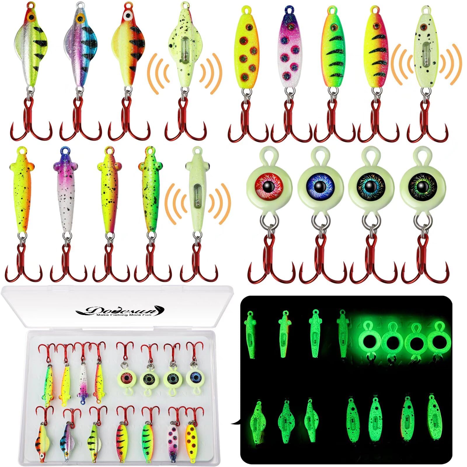 Dovesun 15PCS Rattling Glow Ice Fishing Spoons Kit for Bass, Crappie, Panfish, Perch, Trout, Walleye
