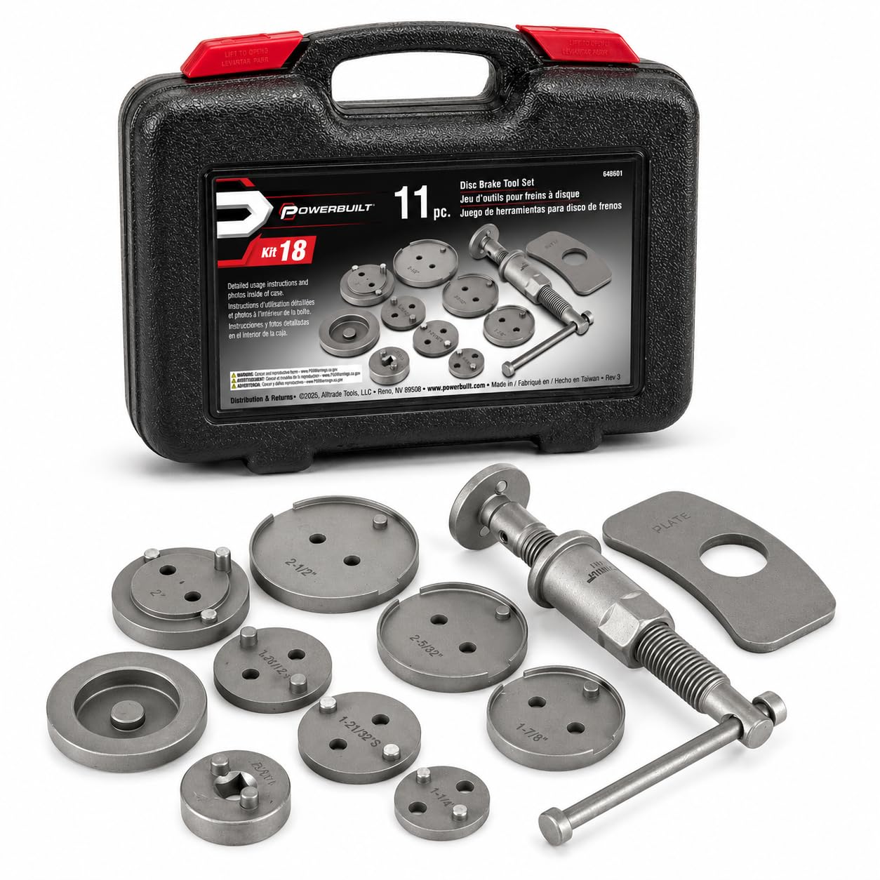 Powerbuilt Rear Disc Brake Adjust Tool Kit, Caliper Piston Adjustment, Vehicle Parking Brakes, T-Handle Center Screw, Adapters, Storage Case - 648601