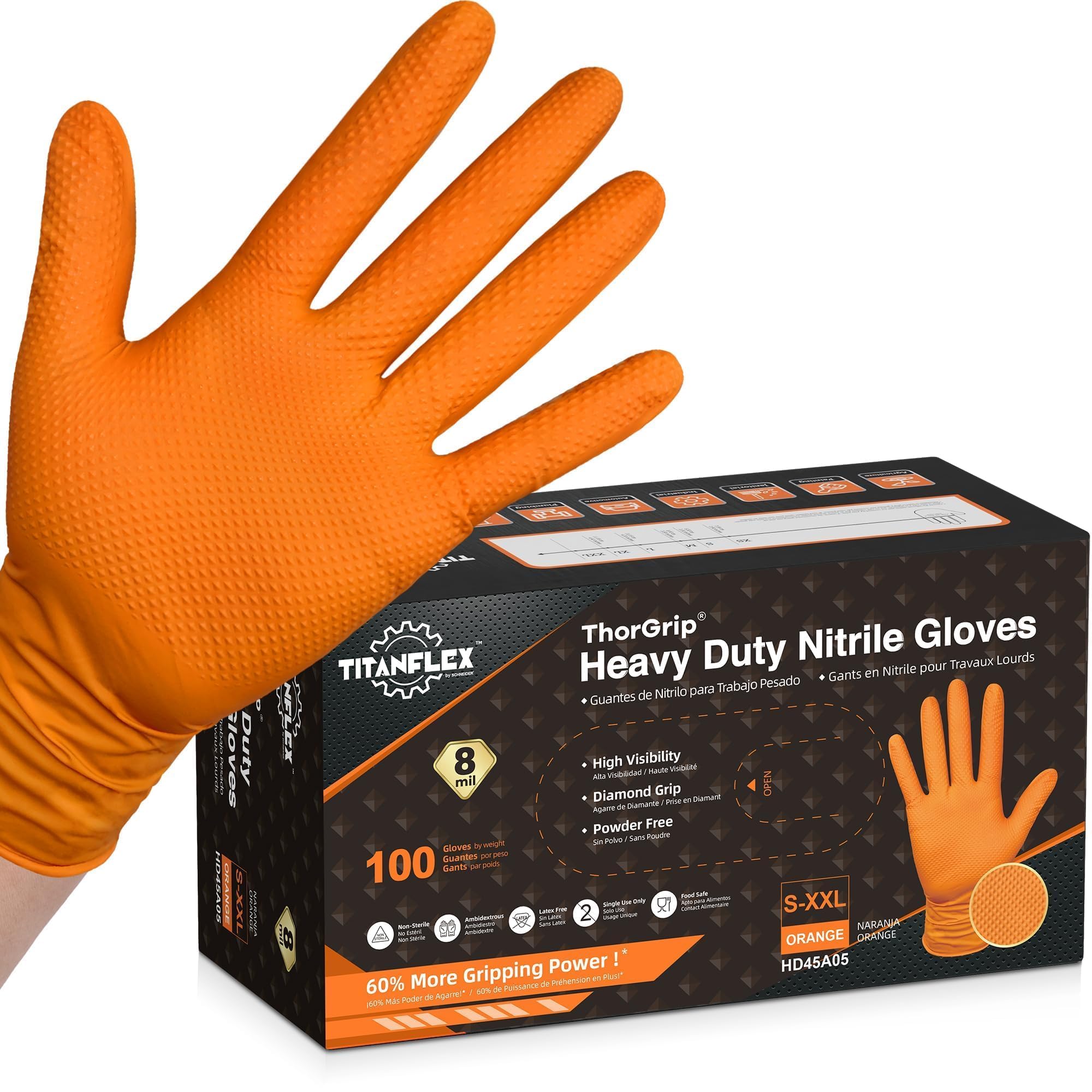TitanFlex Heavy Duty Industrial Orange Nitrile Gloves, 8-mil, Gloves Disposable Latex Free with Raised Diamond Texture Grip, Powder Free, Rubber Glove, Mechanic Gloves,100-ct Box (XL)