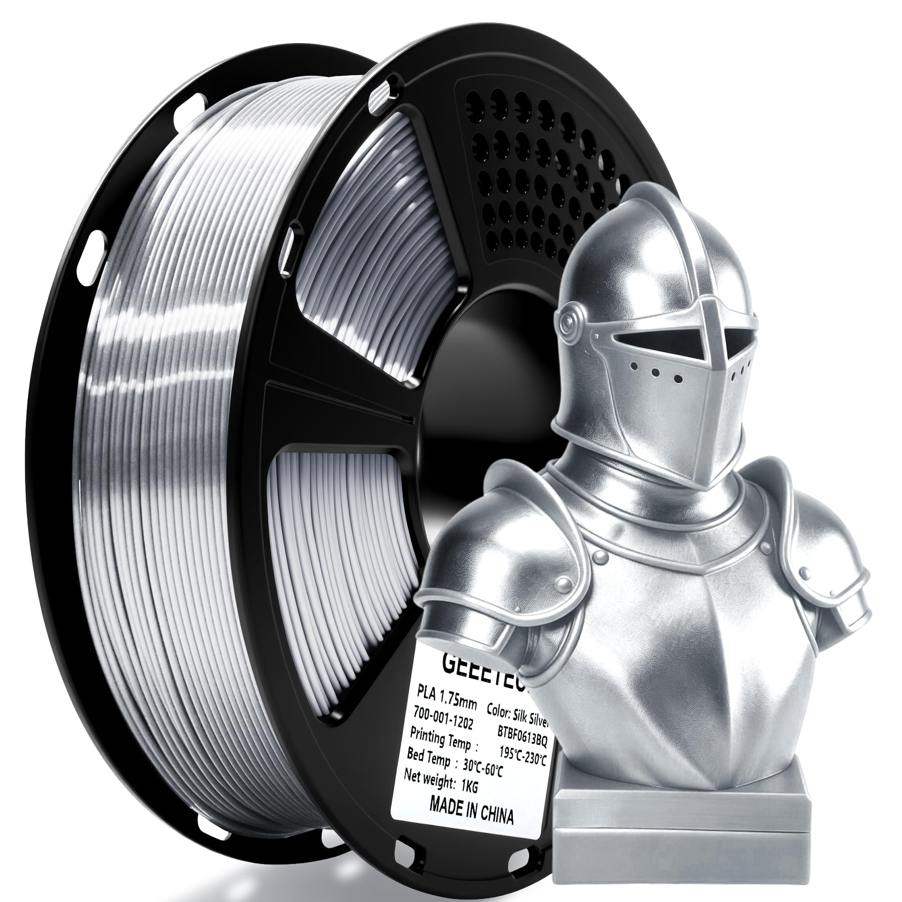 Geeetech Silk Silver PLA 3D Printer Filament, 1.75mm, 1kg (2.2lbs) Spool