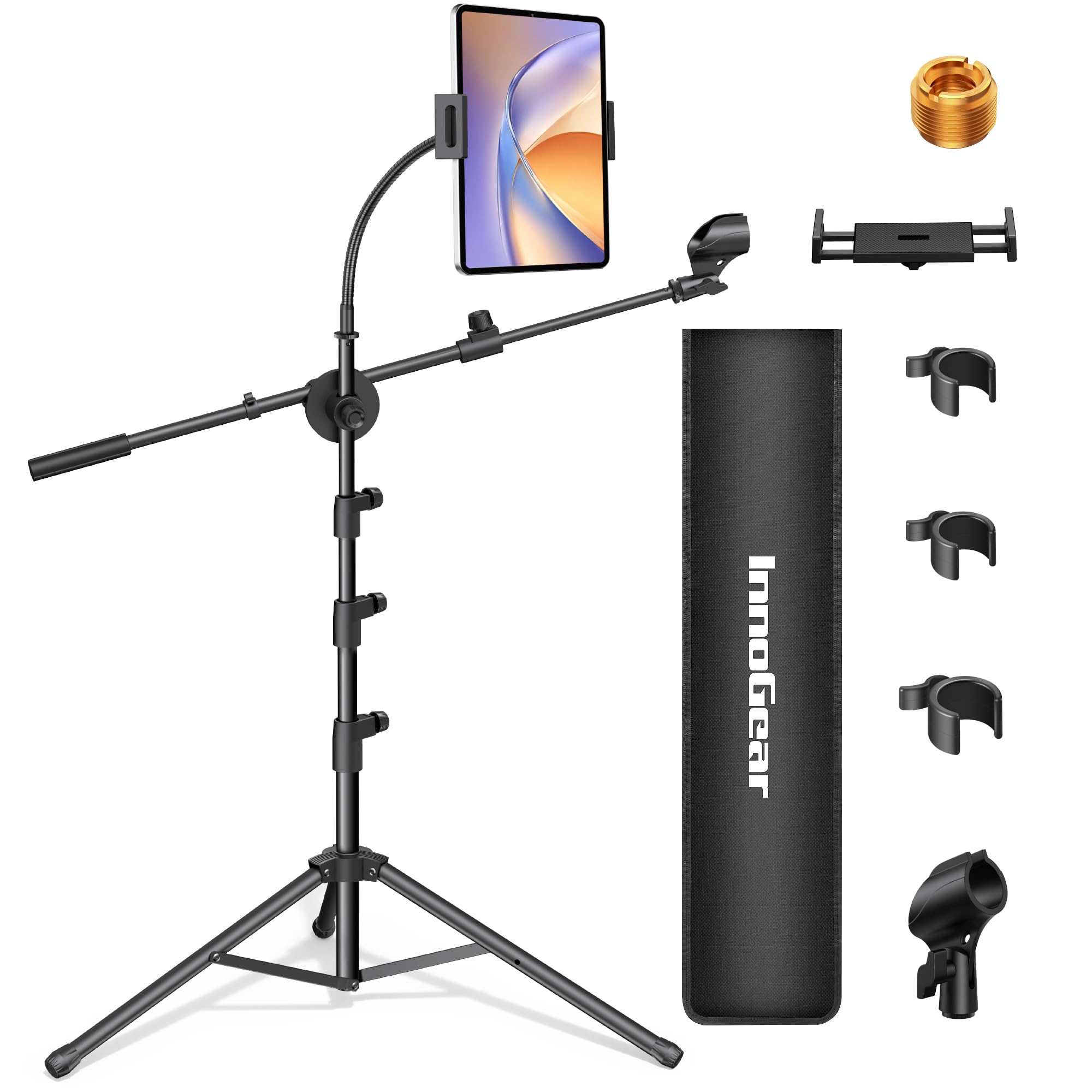InnoGear Mic Stand, 6 in 1 Microphone Stand Floor with Tablet Phone Holder Height Adjustable from 30" to 72" Mic Stand Tripod Boom Arm with Gooseneck Carrying Bag for Singing Karaoke Stage