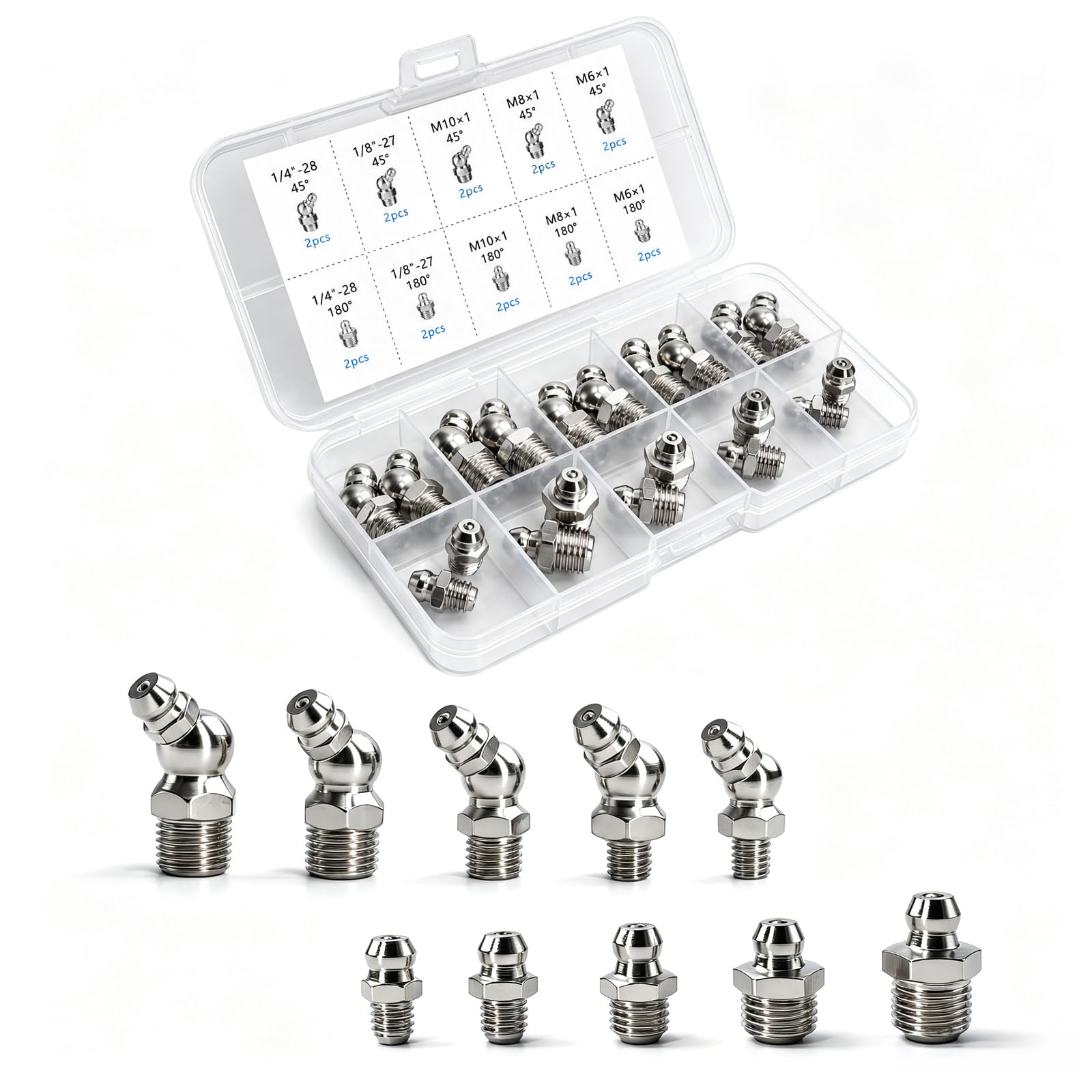 Grease Fittings Kit, Metric & SAE Zerk Fitting for Grease Gun, 20 PCS