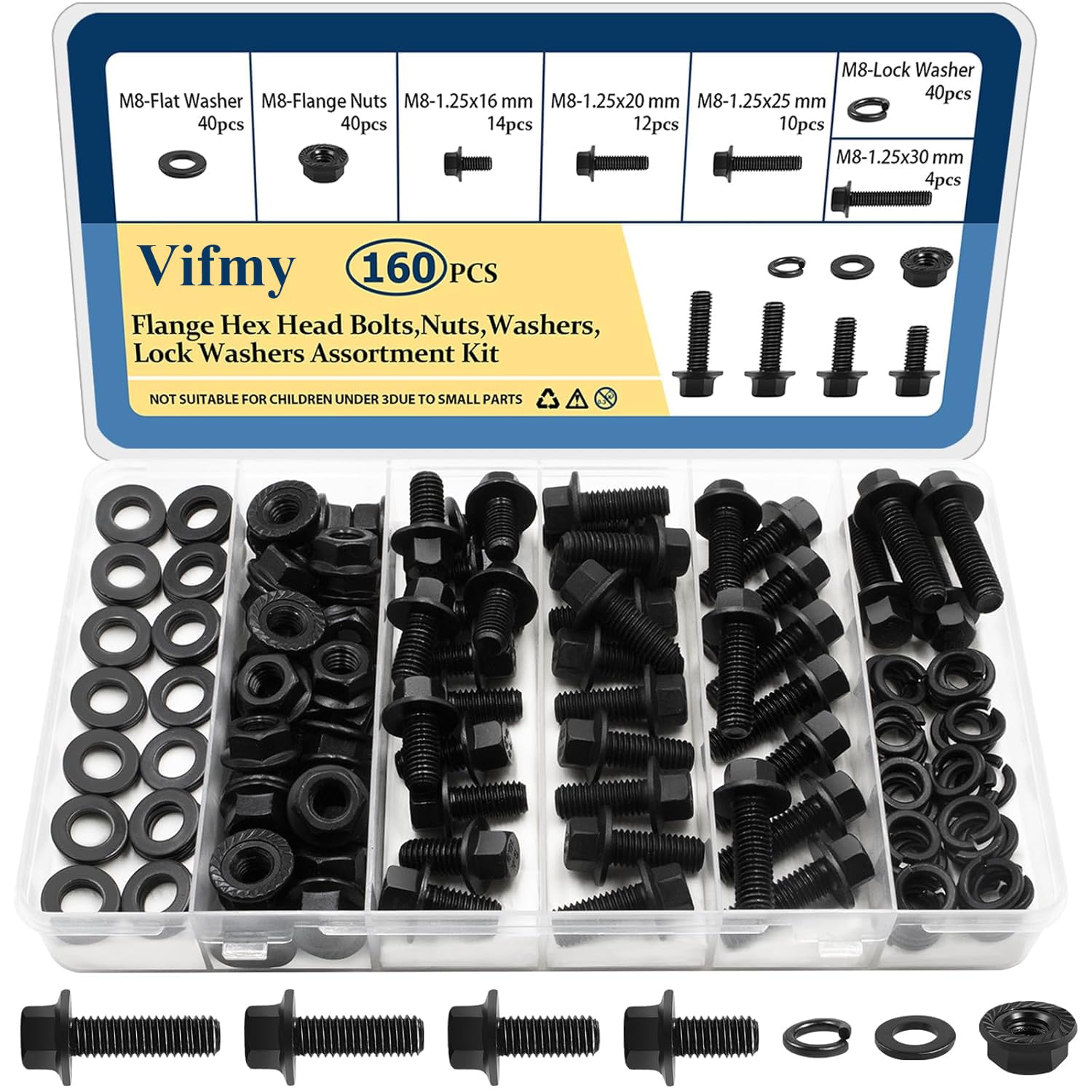 Vifmy M8-1.25 Bolt x (Length 16/20/25/30mm) Flange Head Bolts Assortment Kit (160 Piece) with 8mm Bolt, Serrated Flange Nuts, Washers, Alloy Steel Black Oxide Finish Plated, Full Thread