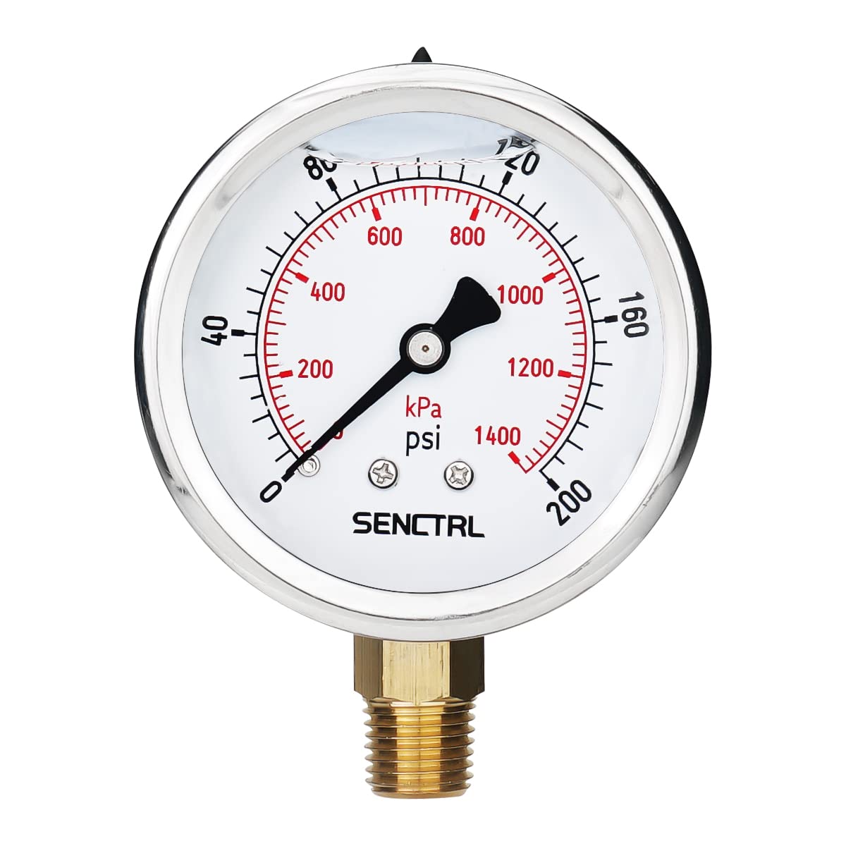 SENCTRL 0-200 Psi Liquid Filled Pressure Gauge, 1/4" NPT Lower Mount
