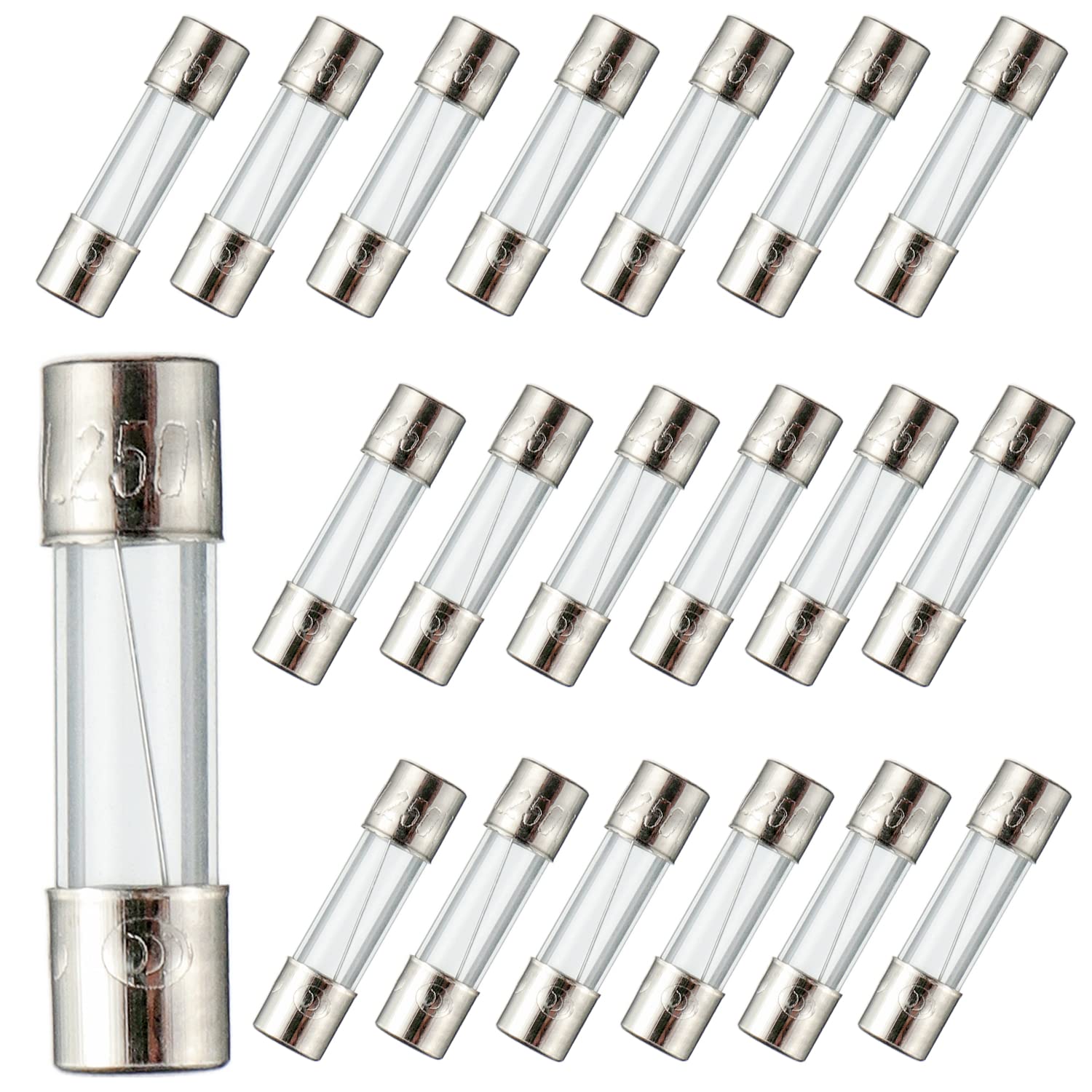BOJACK 5x20mm 2A 2amp 250V 0.2 x 0.78 Inch F2AL250V Fast-Blow Glass Fuses (Pack of 20)