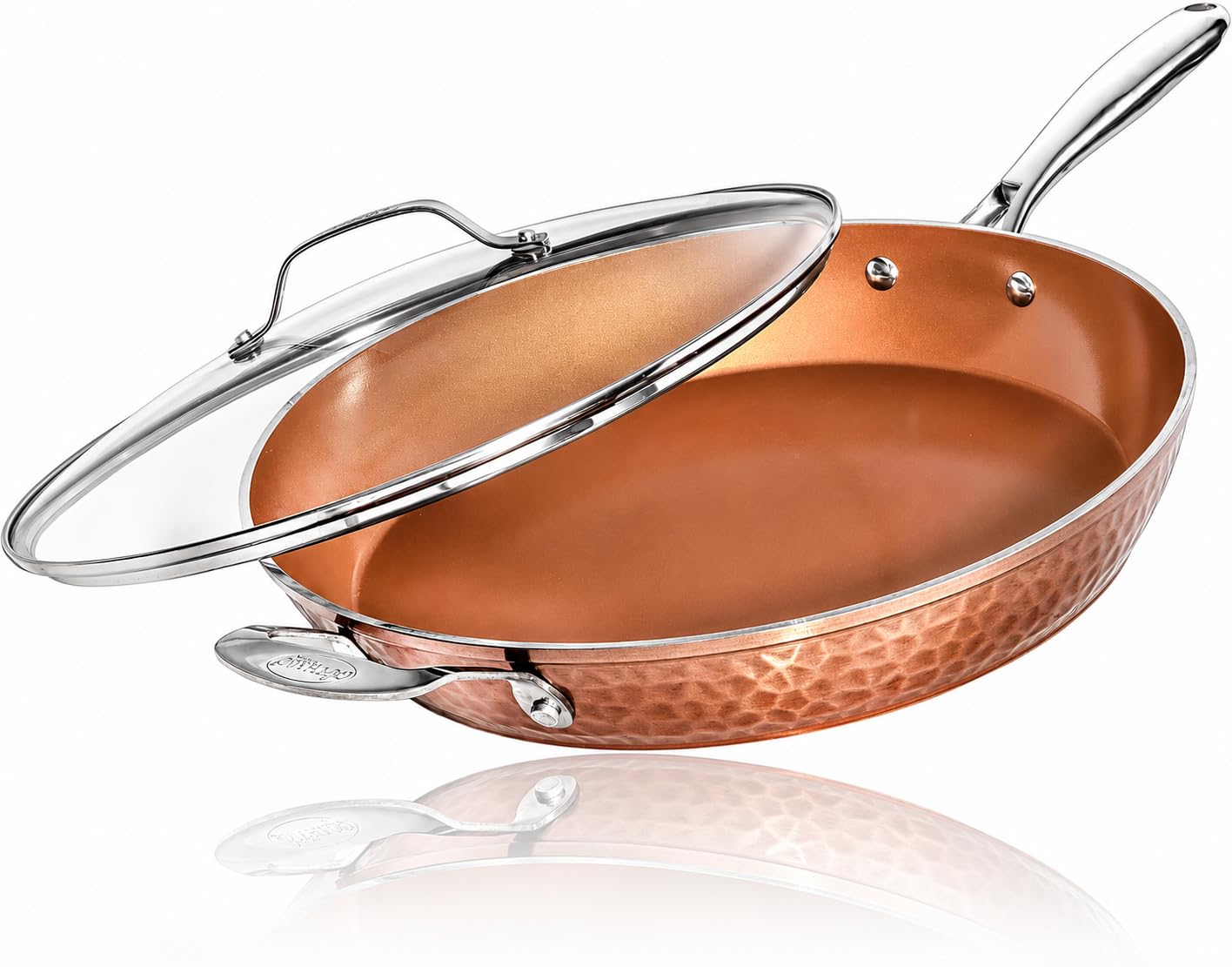 Gotham Steel Hammered Copper 14 Inch Non Stick Frying Pan with Lid, Nonstick Frying Pan with Ceramic Coating and Induction Plate for Even Heating, Oven / Dishwasher Safe, 100% Healthy & Non Toxic
