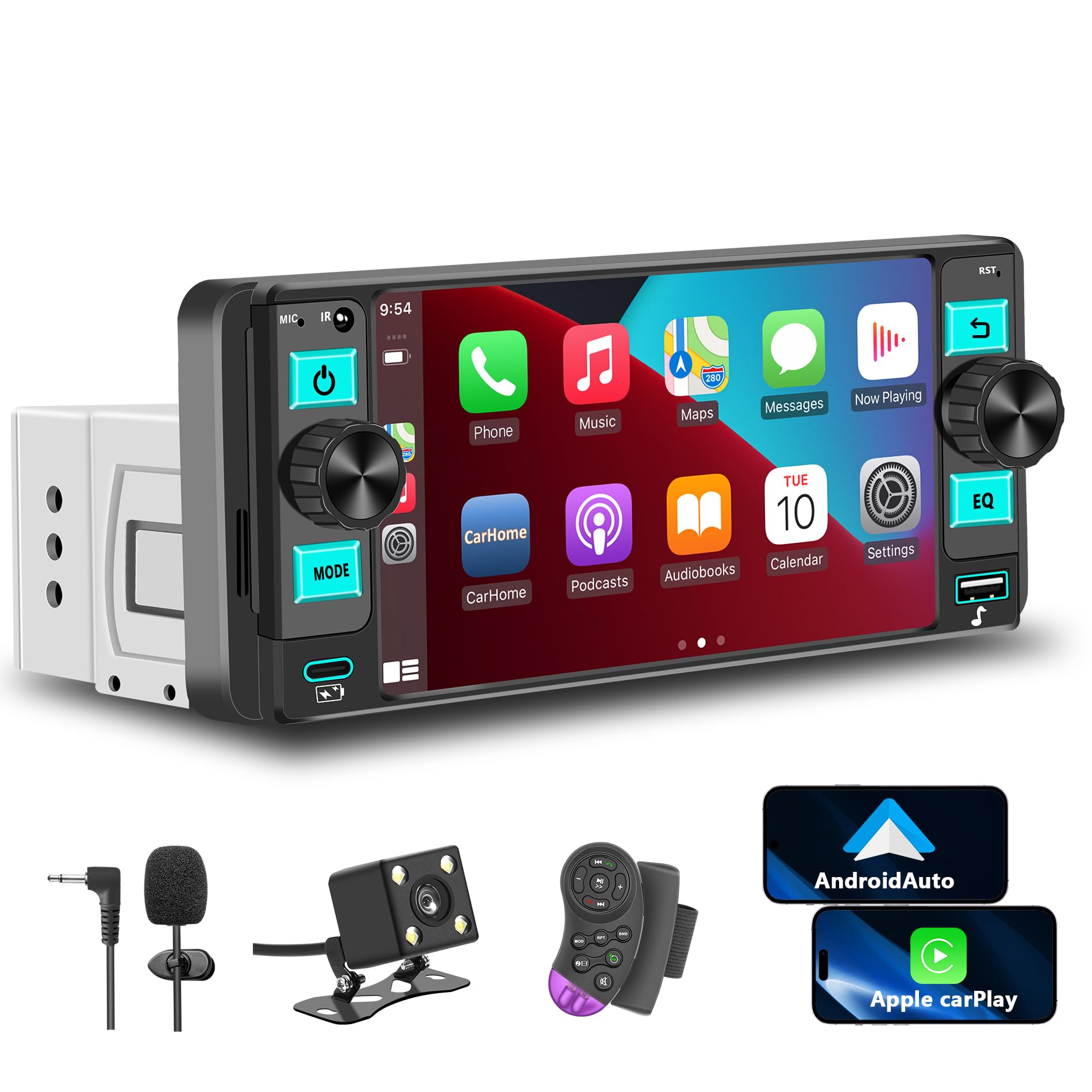 Single Din Car Stereo – Dual Knob Touchscreen Radio with Wireless Apple CarPlay & Android Auto Upgrade Your Classic Car with Easy Installation, Backup Camera Ready, Bluetooth, GPS, FM/AM, USB, EQ