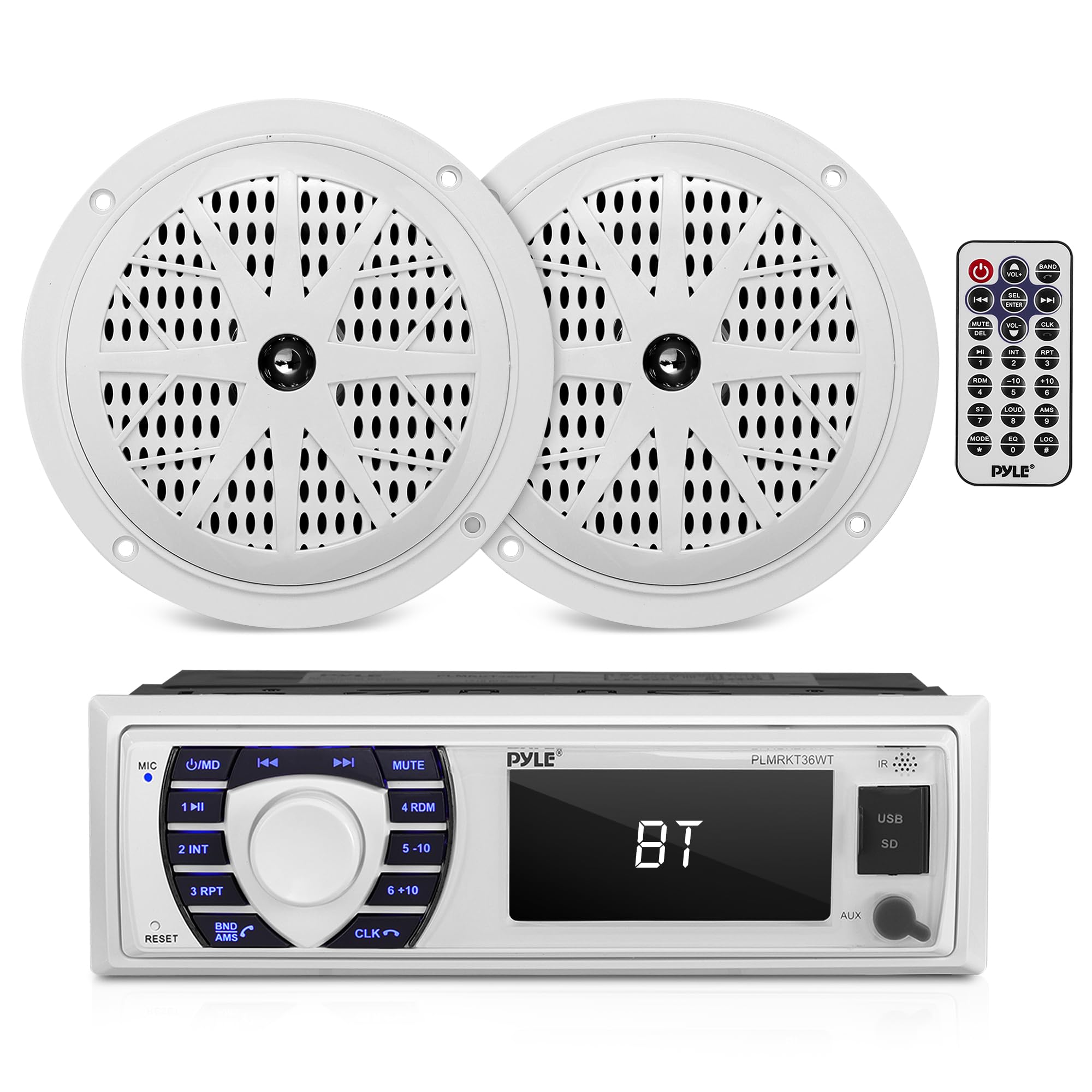Pyle Marine Receiver & Speaker Kit - In-Dash LCD Digital Stereo Built-in Bluetooth & Microphone w/ AM FM Radio System 5.25’’ Waterproof Speakers (2) MP3/USB/SD Readers & Remote Control - PLMRKT36WT