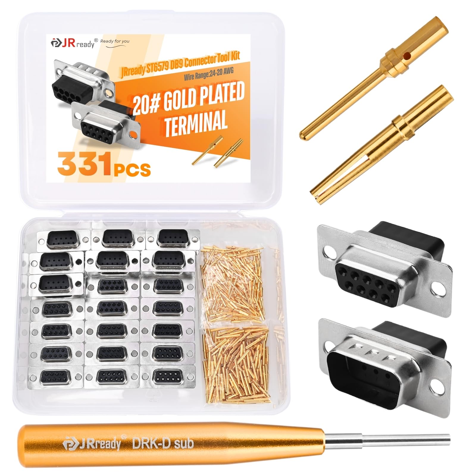 JRready ST6579 DB9 Pins Sockets Gold-Plated Crimp Terminals DB9 Connectors Pin Removal Tool DRK-D Sub Insertion Extraction Tool 20# Crimp Contacts 150Pairs Standard 205089-1 and 205090-1 331PCS