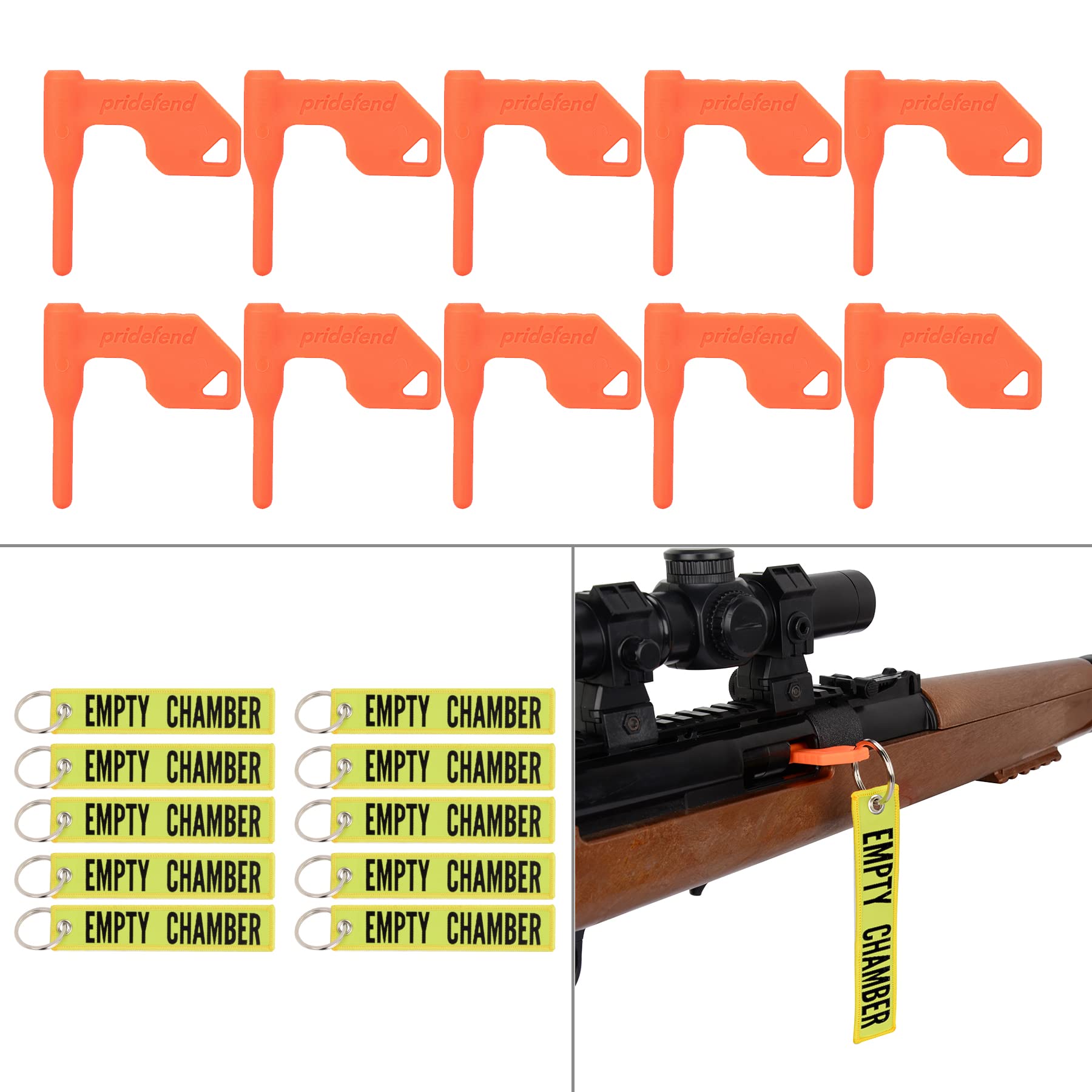 Pridefend 10 Pack Chamber Safety Flag for Rifle Handgun Shotgun with Bonus Bright Yellow Key Chain Tags - Universal Gun Accessories (10 Piece Set)