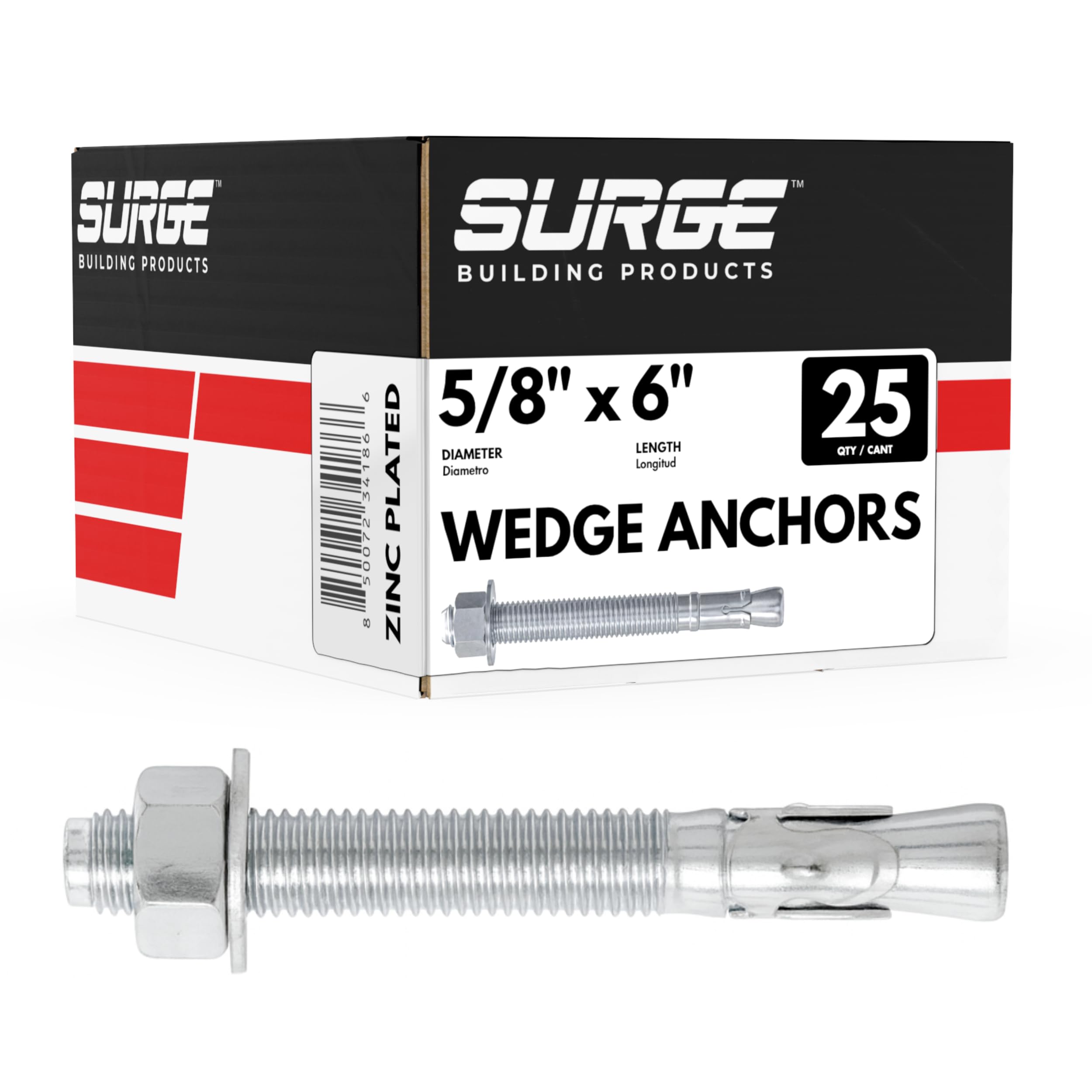 5/8" x 6" Zinc-Plated Wedge Anchors for Concrete & Cement (Box of 25)