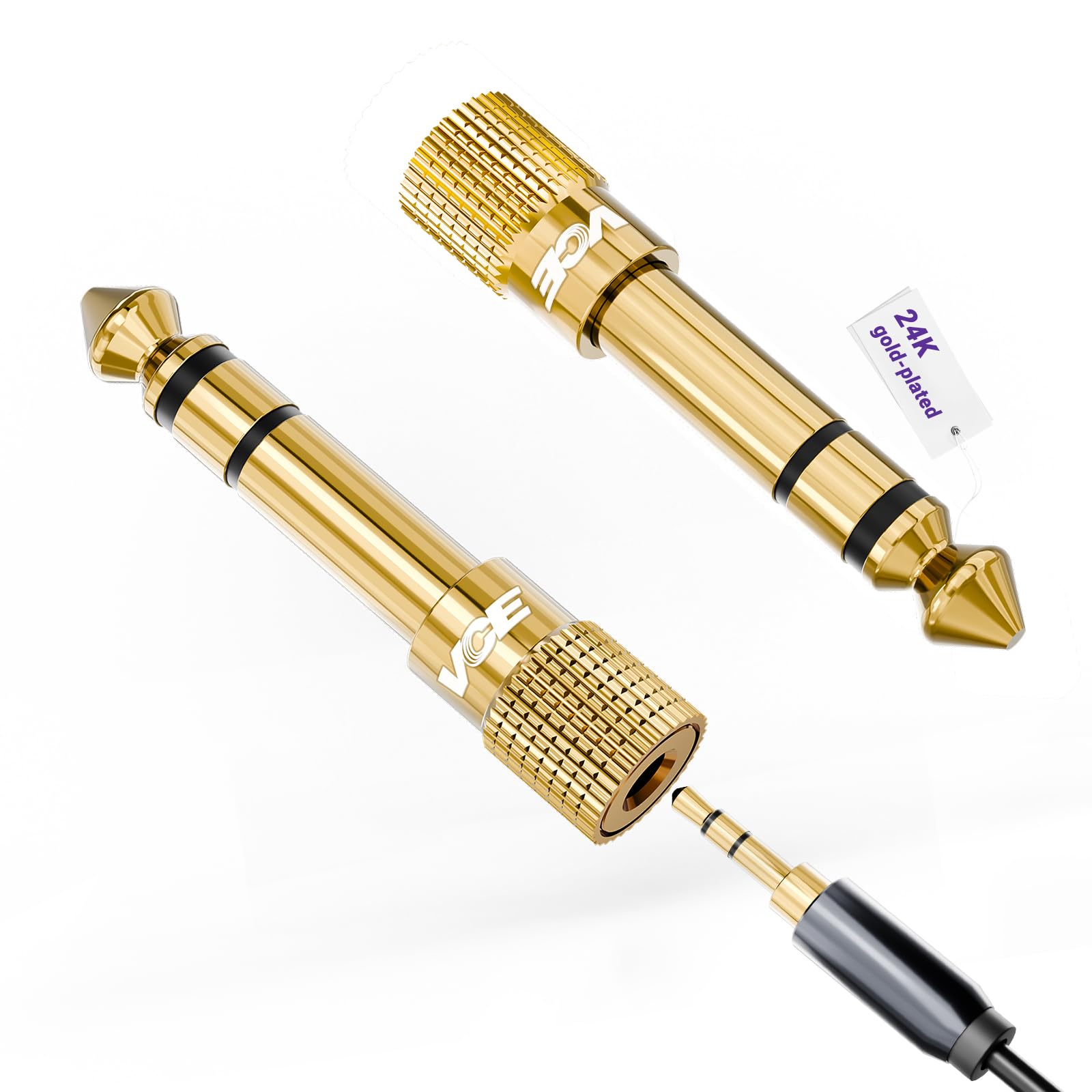 VCE 6.35mm Male to 3.5mm Female 1/4 inch to 1/8 inch 24K Stereo Audio Jack Adapter for Aux Cable, Guitar Amplifier, Headphone, 2 Pack